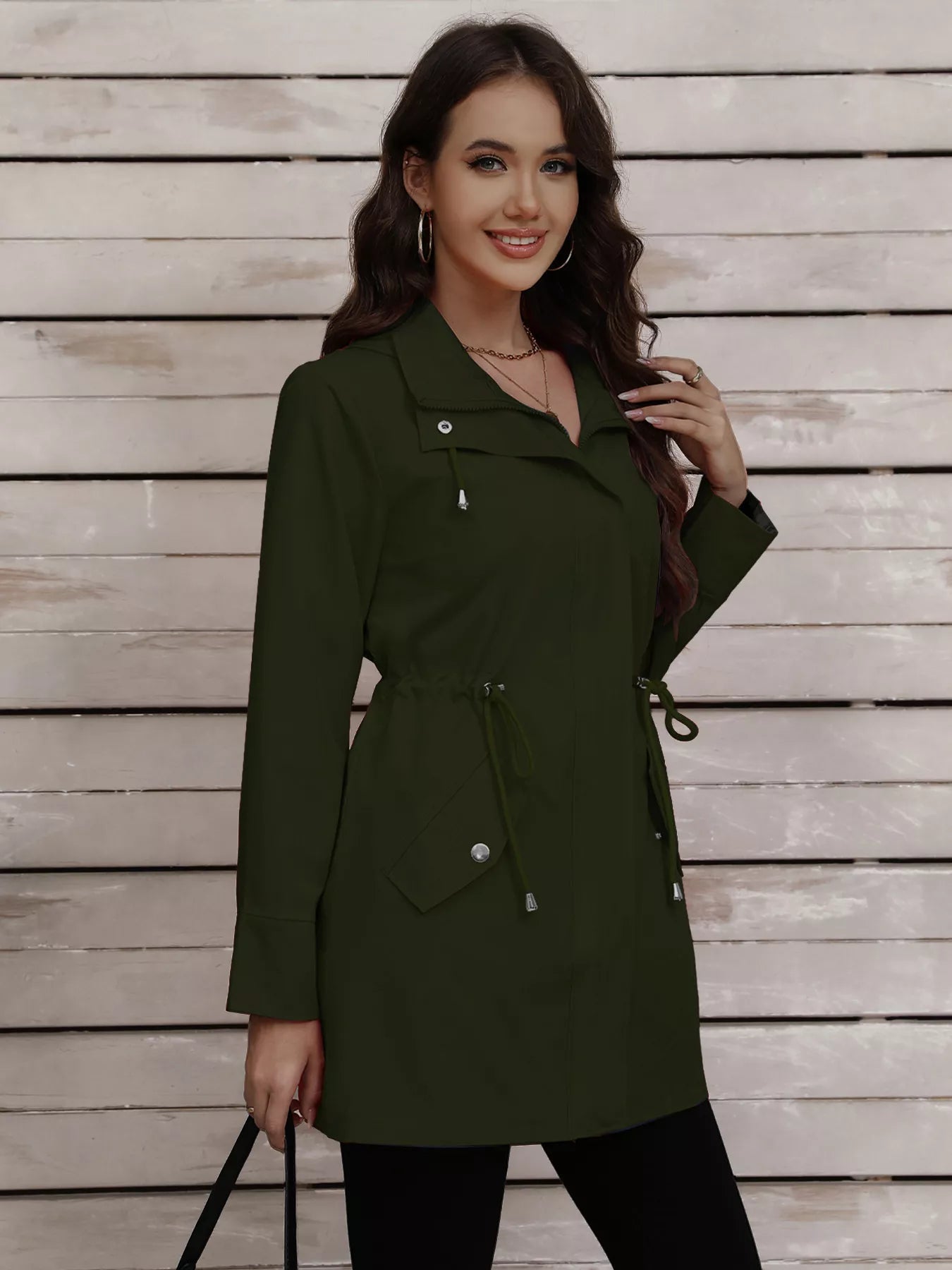 Drawstring Snap - Down Trench Coat designed for comfort and style at Lookzlike