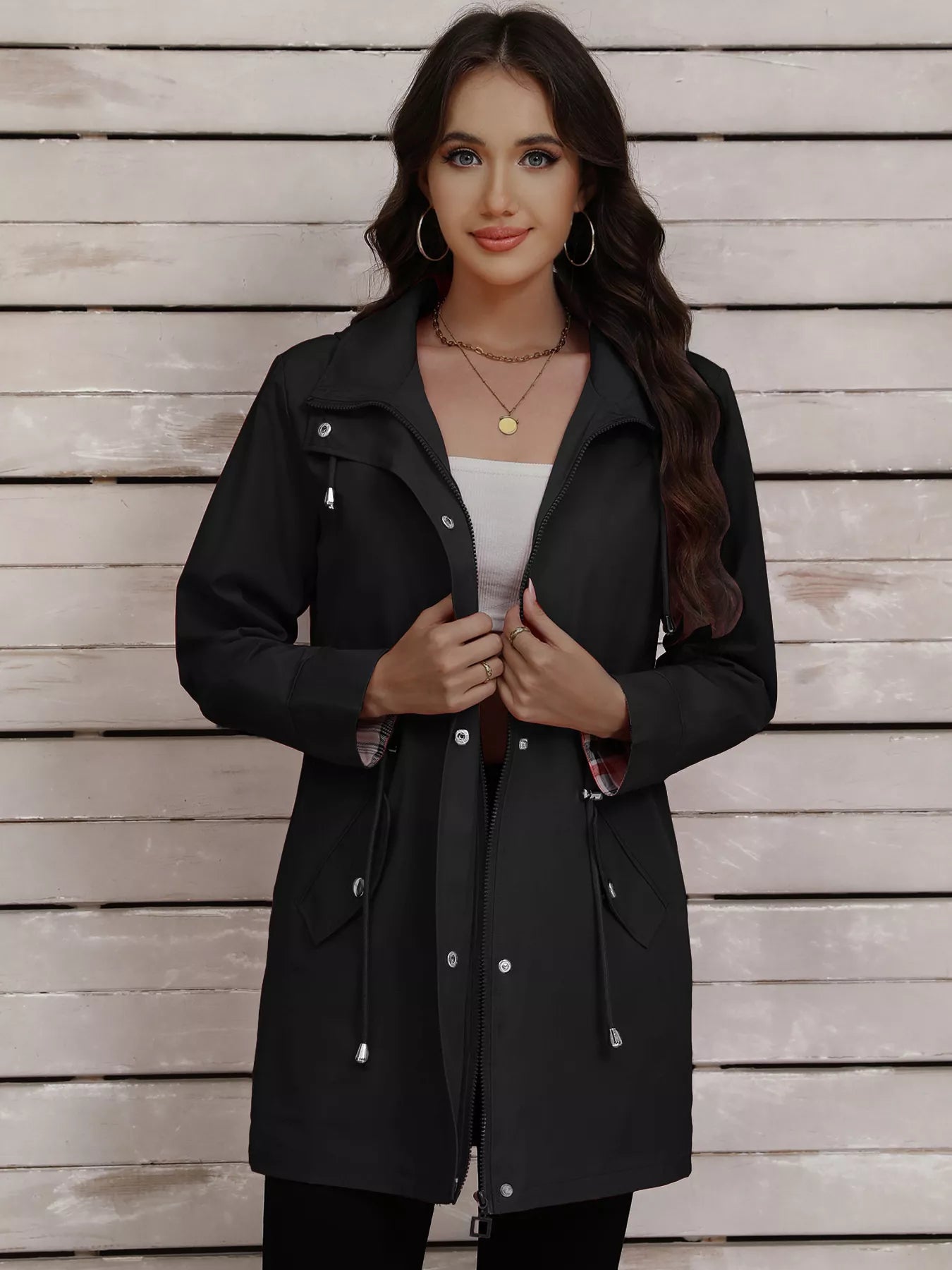 Drawstring Snap - Down Trench Coat designed for comfort and style at Lookzlike