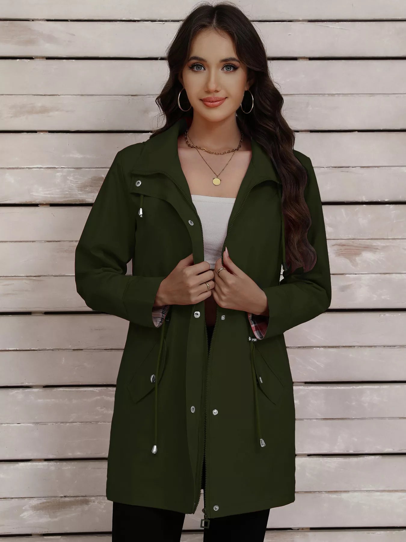 Drawstring Snap - Down Trench Coat designed for comfort and style at Lookzlike