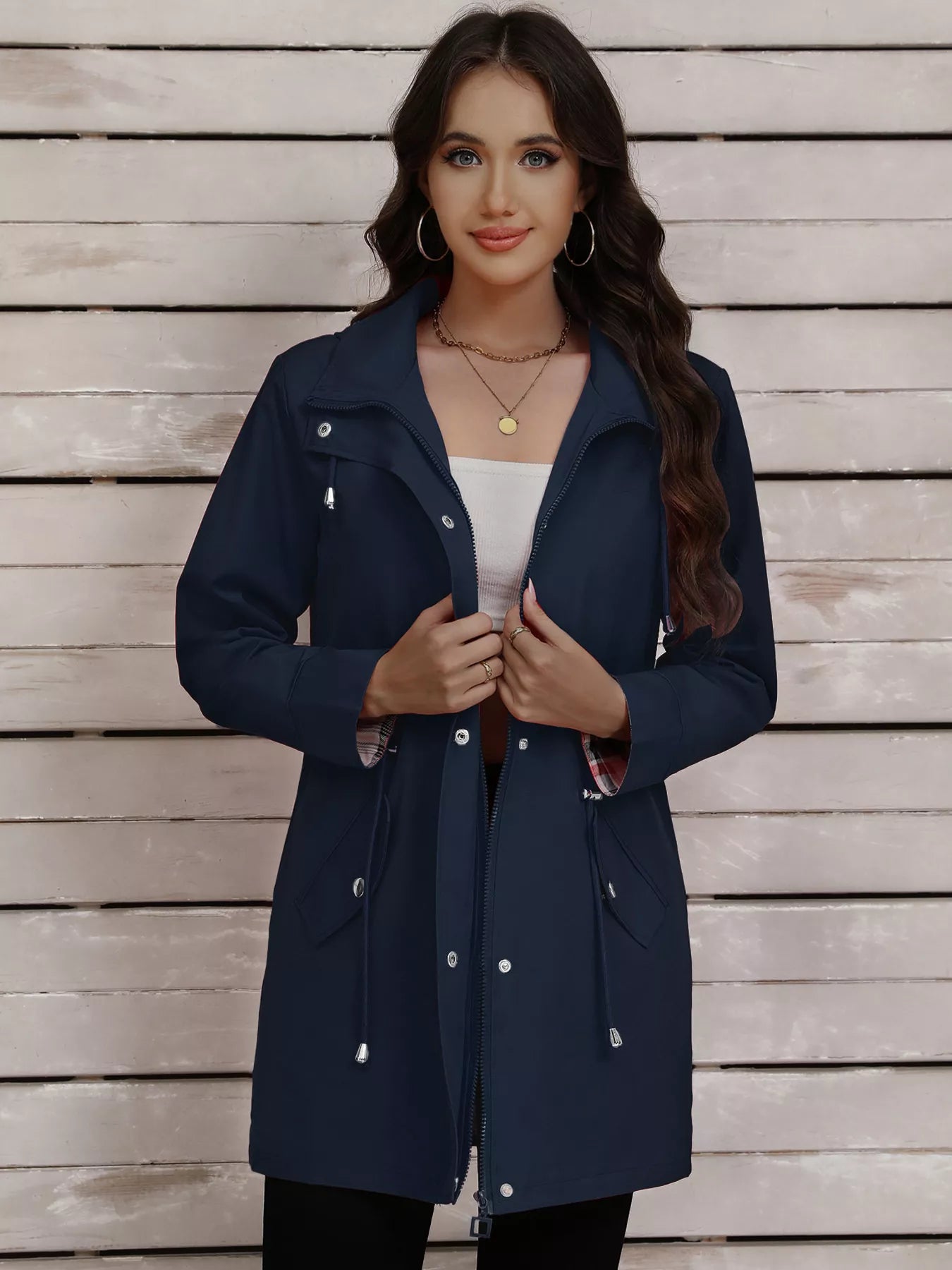 Drawstring Snap - Down Trench Coat designed for comfort and style at Lookzlike