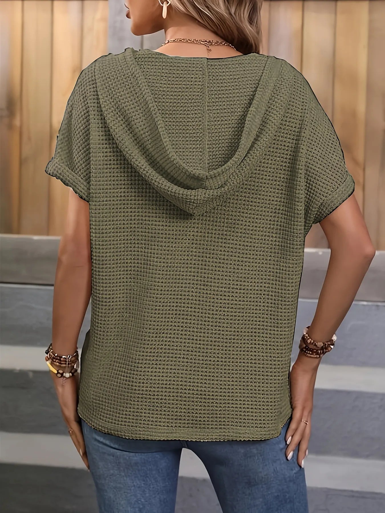 Drawstring Waffle Knit Short Sleeve Hoodie - Lookzlike