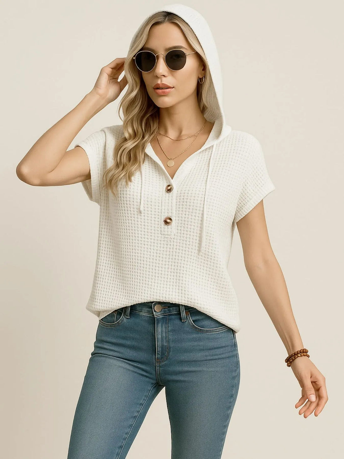 Drawstring Waffle Knit Short Sleeve Hoodie - Lookzlike