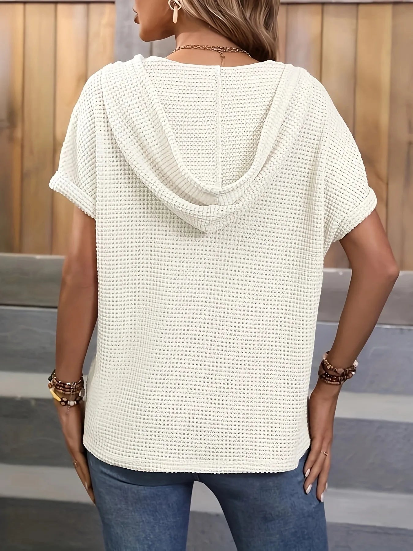 Drawstring Waffle Knit Short Sleeve Hoodie - Lookzlike