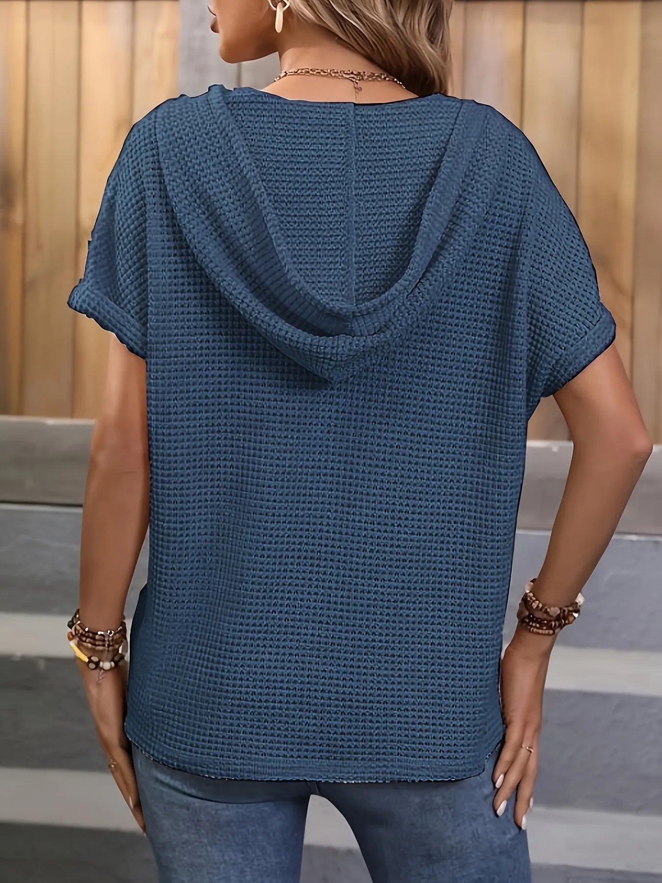 Drawstring Waffle Knit Short Sleeve Hoodie - Lookzlike