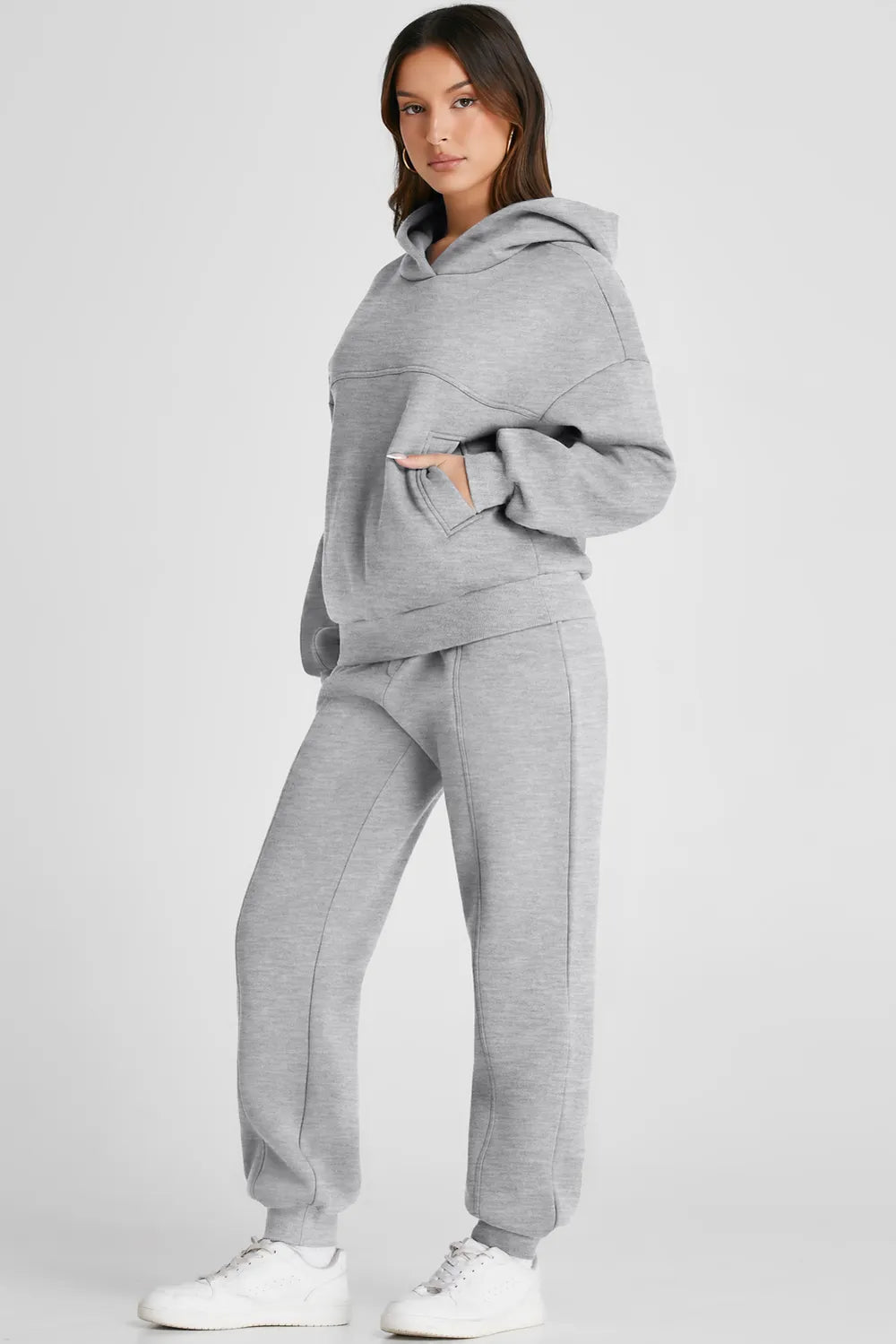 Dropped Shoulder Long Sleeve Hoodie and Pants Active Set designed for comfort and style at Lookzlike