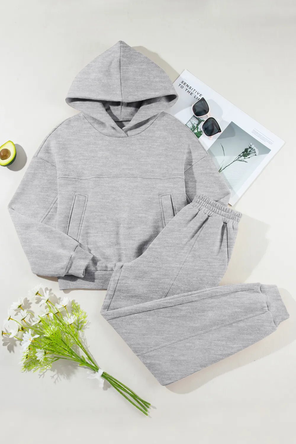 Dropped Shoulder Long Sleeve Hoodie and Pants Active Set designed for comfort and style at Lookzlike