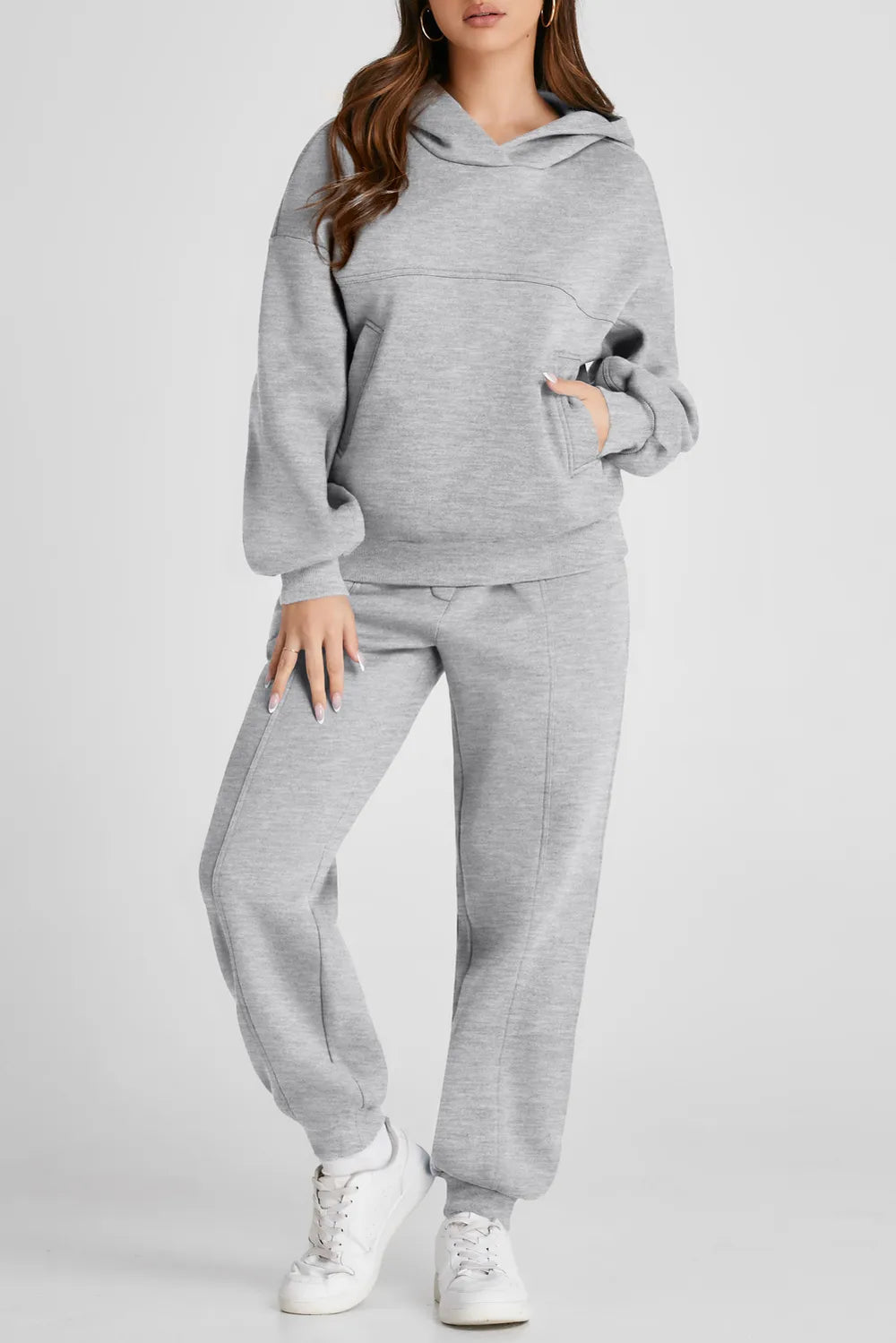 Dropped Shoulder Long Sleeve Hoodie and Pants Active Set designed for comfort and style at Lookzlike