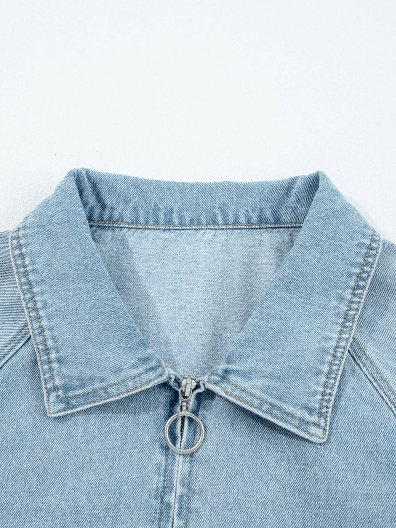 Elastic Edge Collared Zip Up Denim Jacket With Pocket designed for comfort and style at Lookzlike
