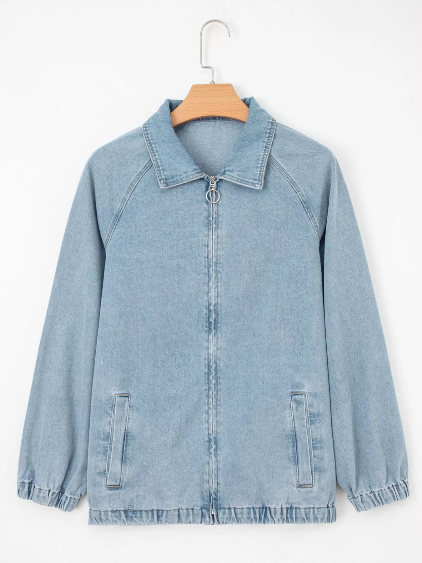 Elastic Edge Collared Zip Up Denim Jacket With Pocket designed for comfort and style at Lookzlike