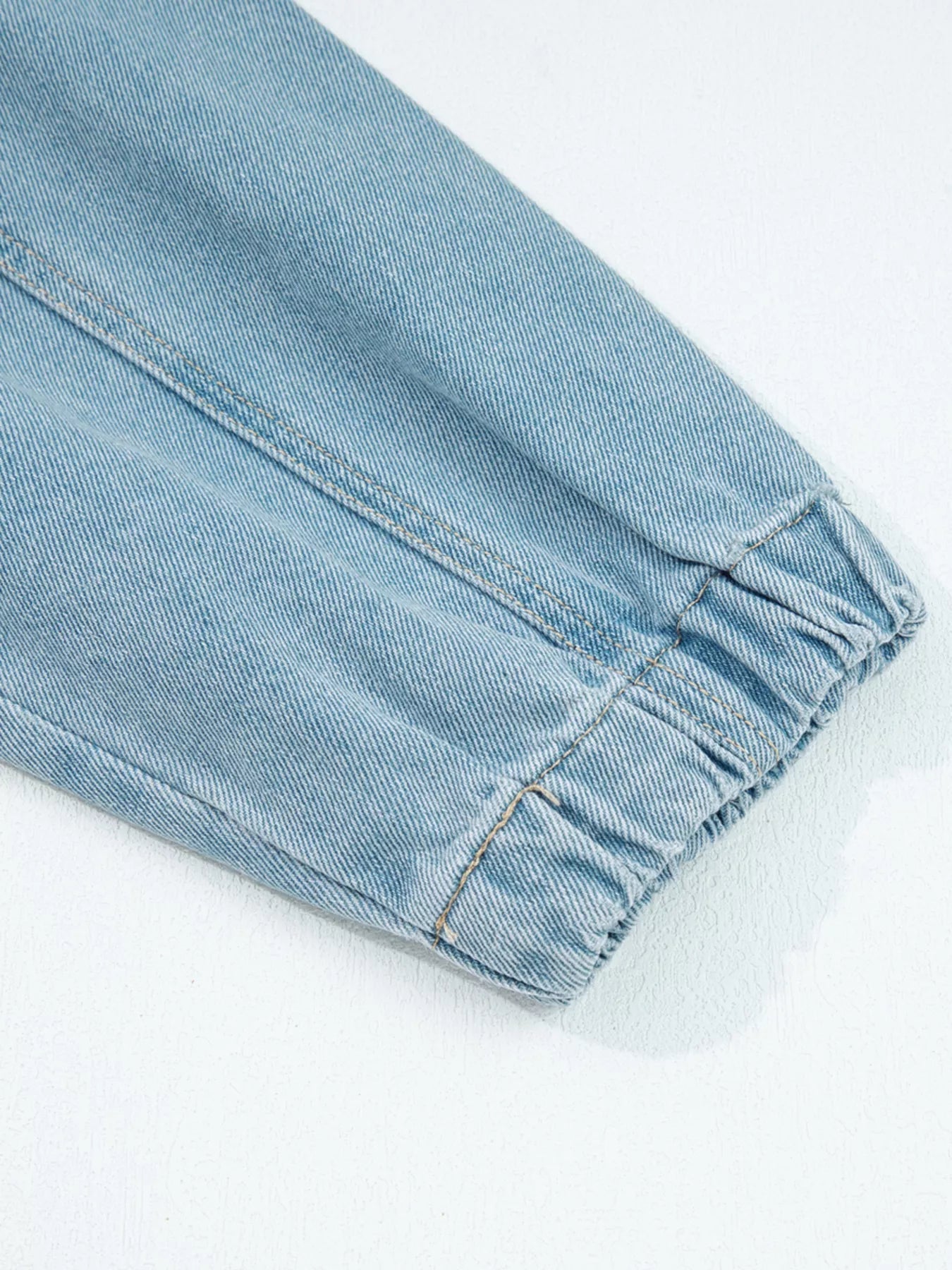 Elastic Edge Collared Zip Up Denim Jacket With Pocket designed for comfort and style at Lookzlike