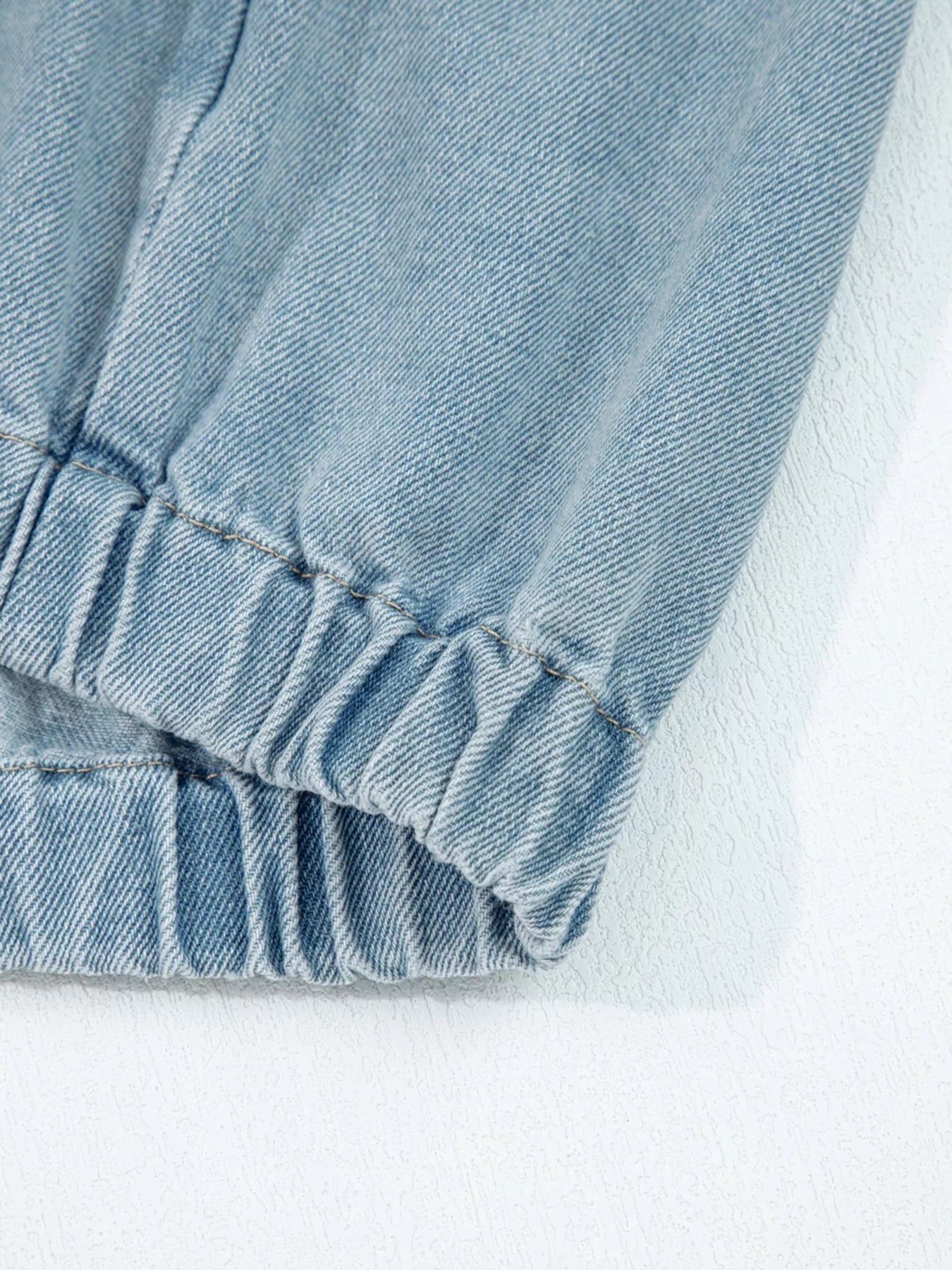 Elastic Edge Collared Zip Up Denim Jacket With Pocket designed for comfort and style at Lookzlike