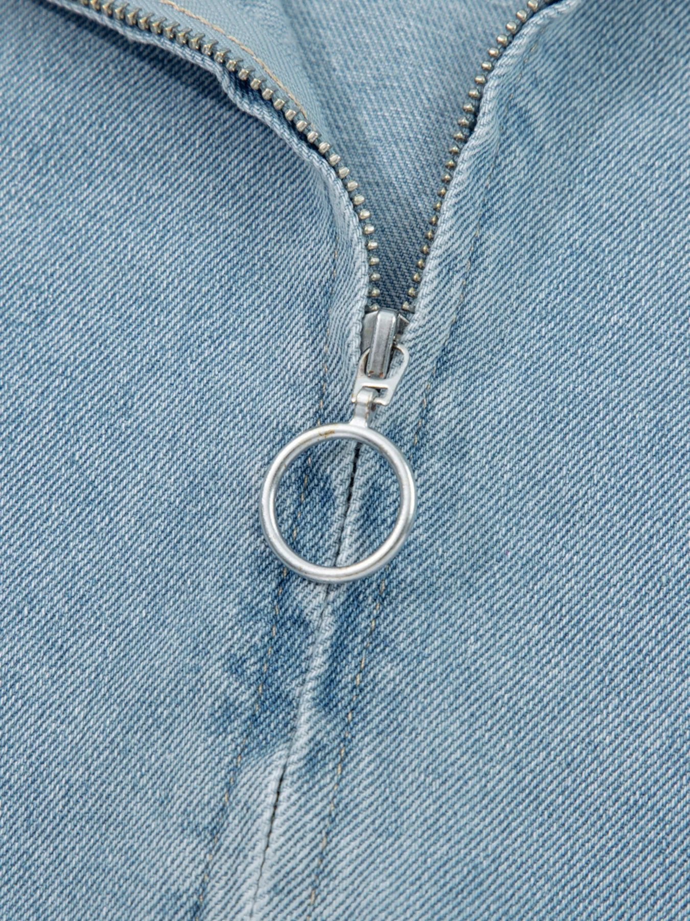 Elastic Edge Collared Zip Up Denim Jacket With Pocket designed for comfort and style at Lookzlike