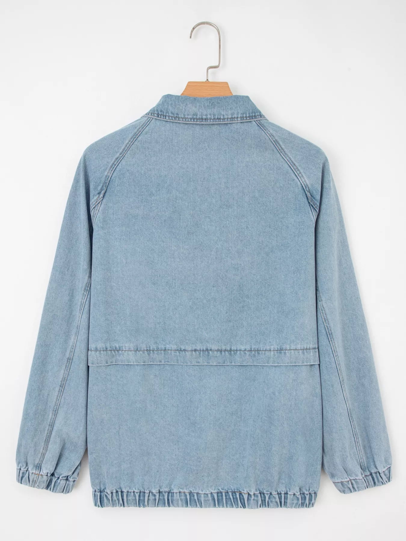 Elastic Edge Collared Zip Up Denim Jacket With Pocket designed for comfort and style at Lookzlike