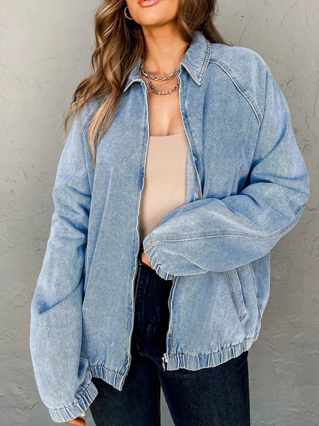 Elastic Edge Collared Zip Up Denim Jacket With Pocket designed for comfort and style at Lookzlike