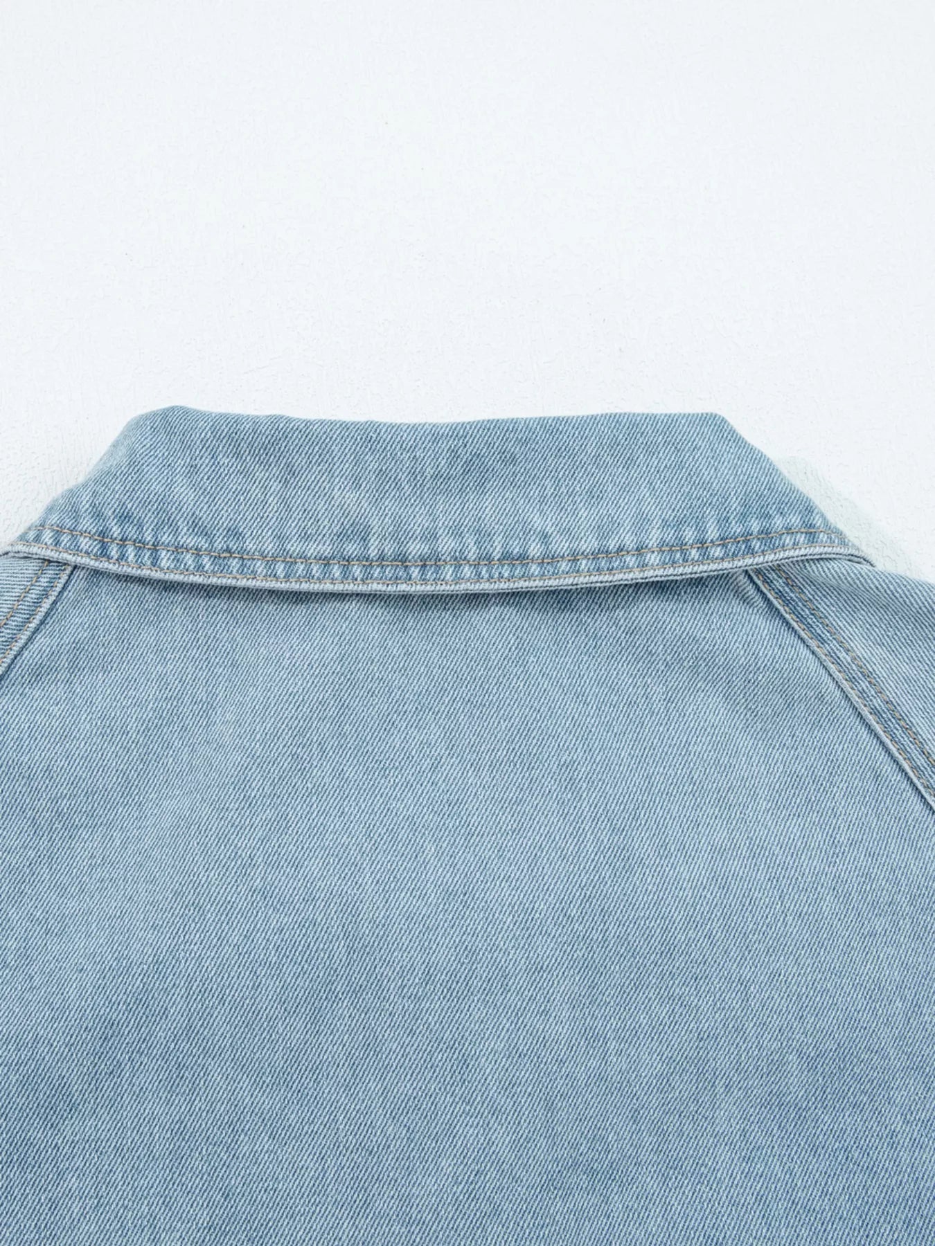 Elastic Edge Collared Zip Up Denim Jacket With Pocket designed for comfort and style at Lookzlike