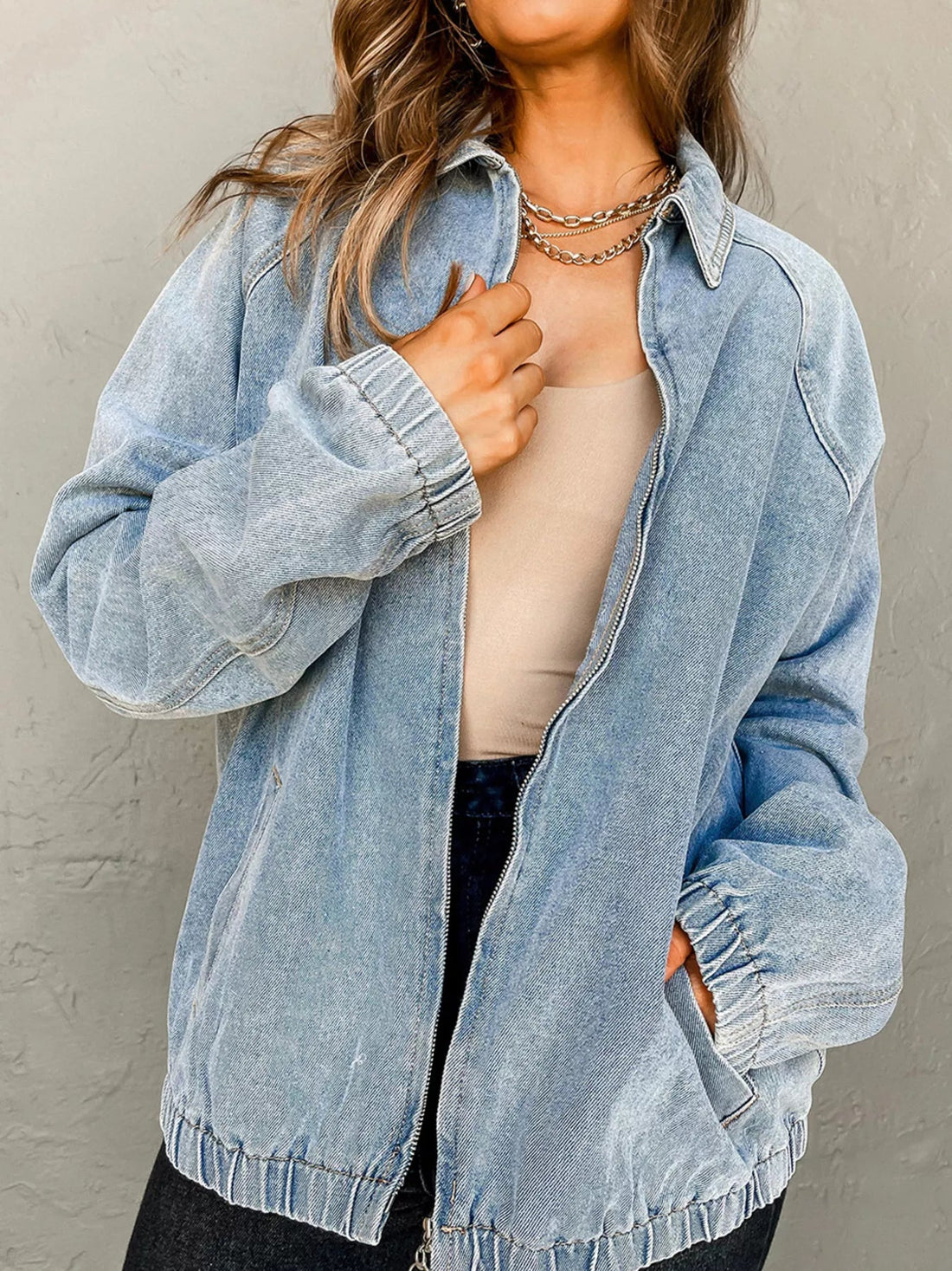 Elastic Edge Collared Zip Up Denim Jacket With Pocket designed for comfort and style at Lookzlike