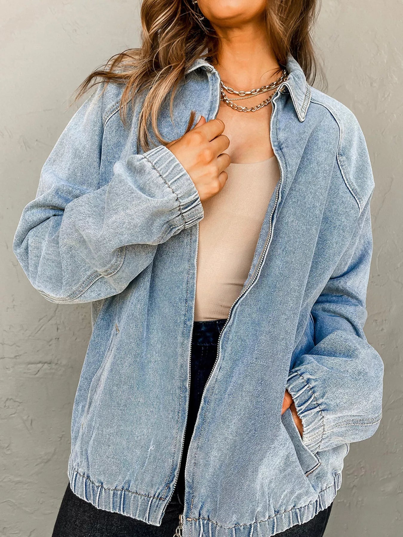 Elastic Edge Collared Zip Up Denim Jacket With Pocket designed for comfort and style at Lookzlike
