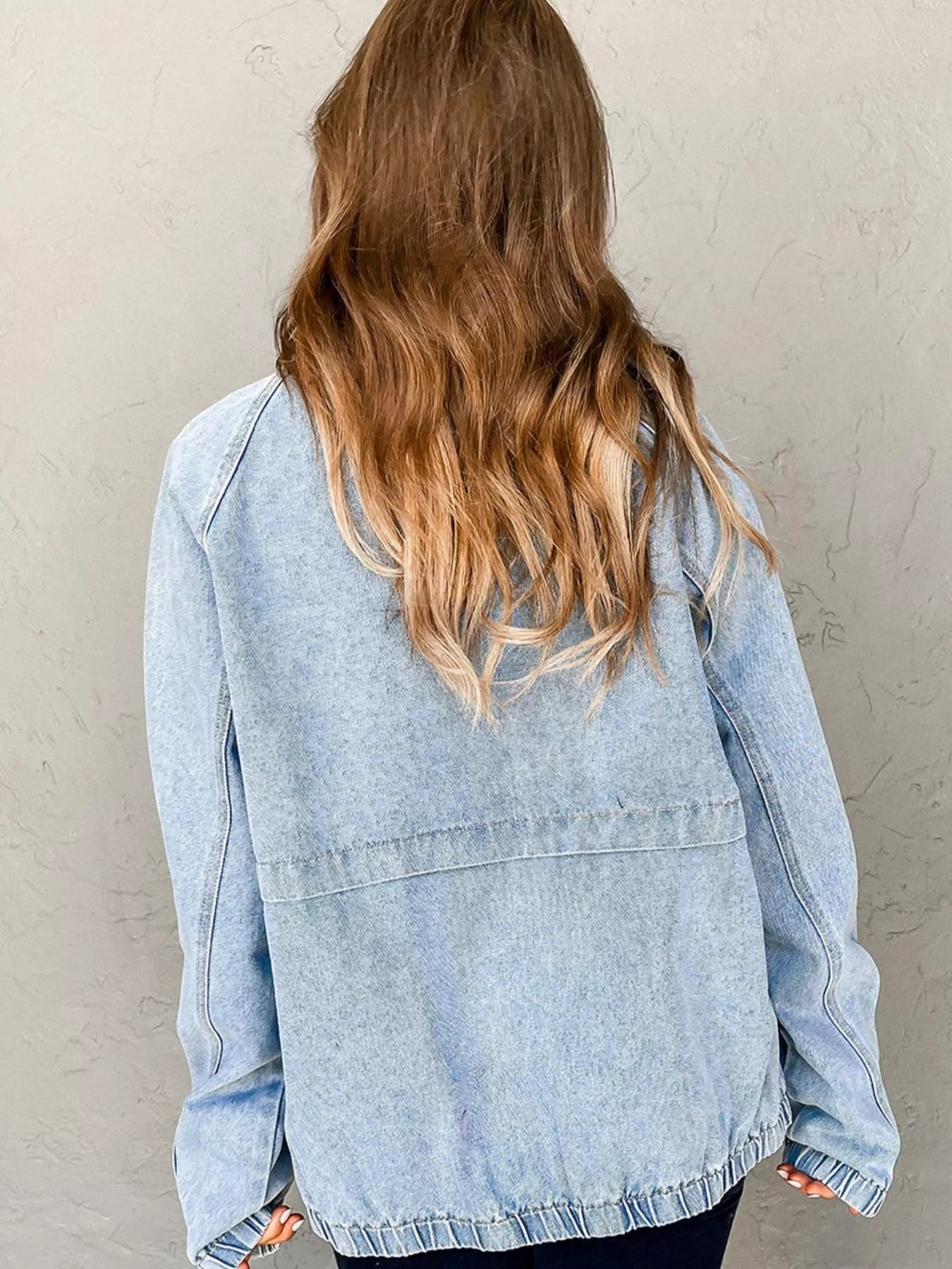 Elastic Edge Collared Zip Up Denim Jacket With Pocket designed for comfort and style at Lookzlike