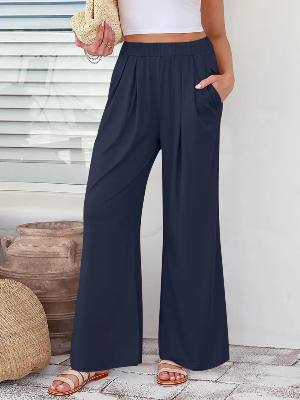 Elastic Waist Wide Leg Pants - Lookzlike