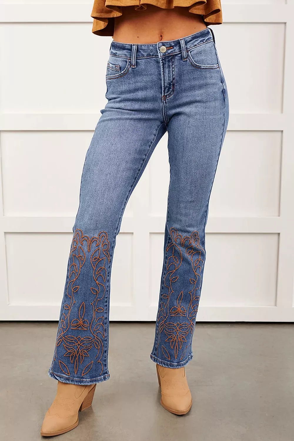 Embroidered Flare Leg Jeans designed for comfort and style at Lookzlike