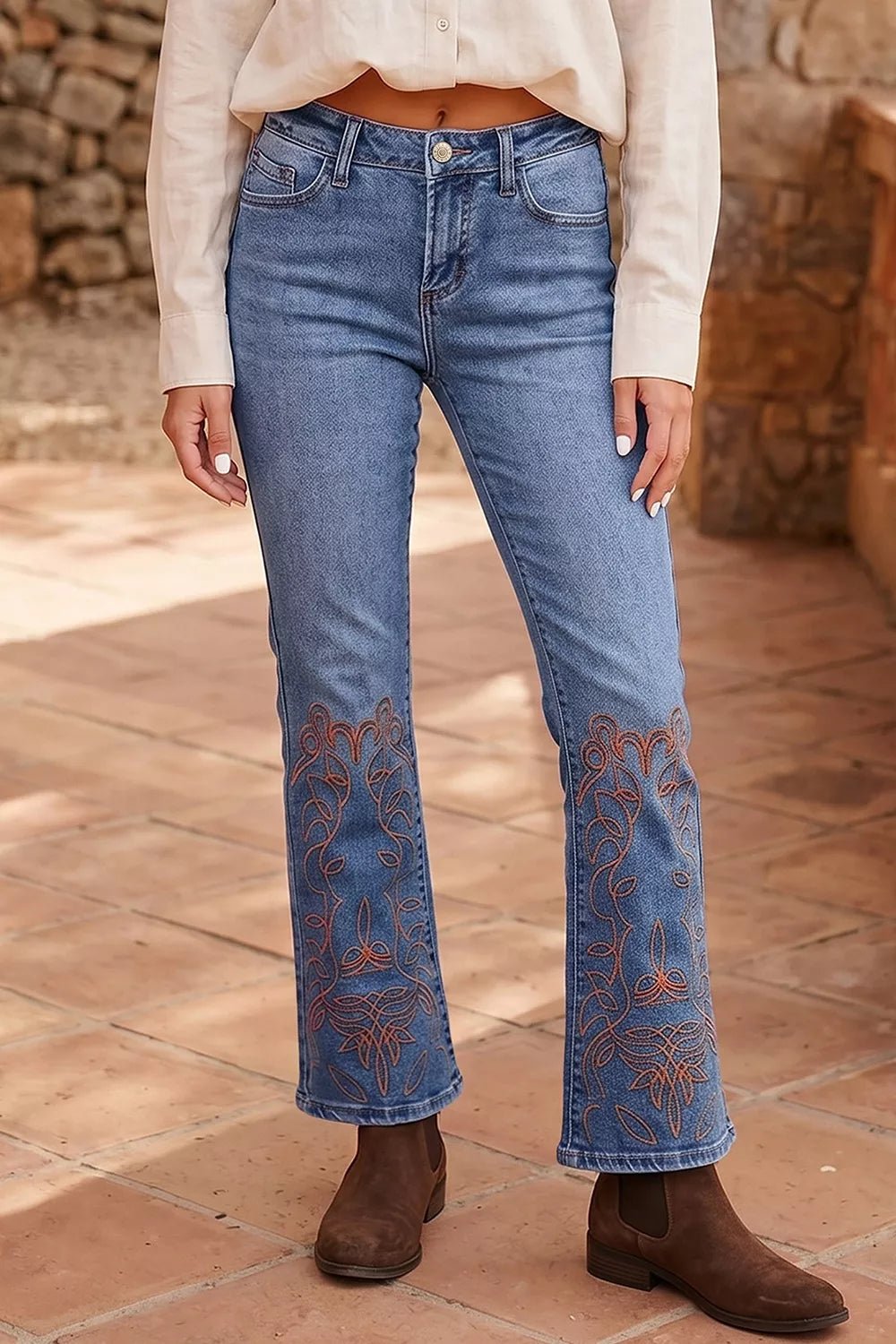 Embroidered Flare Leg Jeans designed for comfort and style at Lookzlike