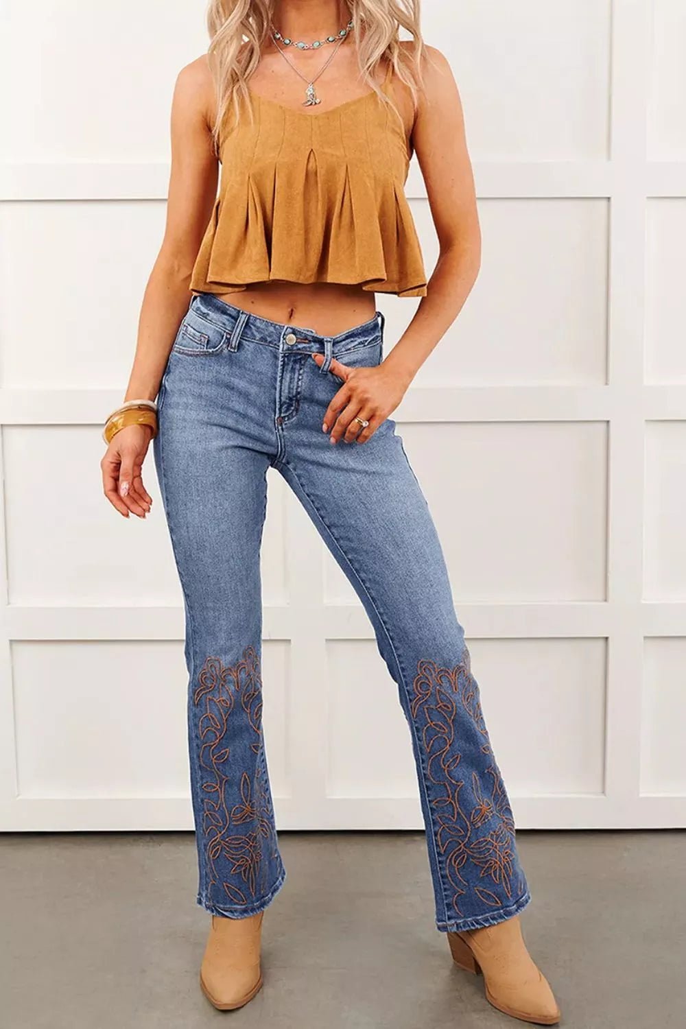 Embroidered Flare Leg Jeans designed for comfort and style at Lookzlike