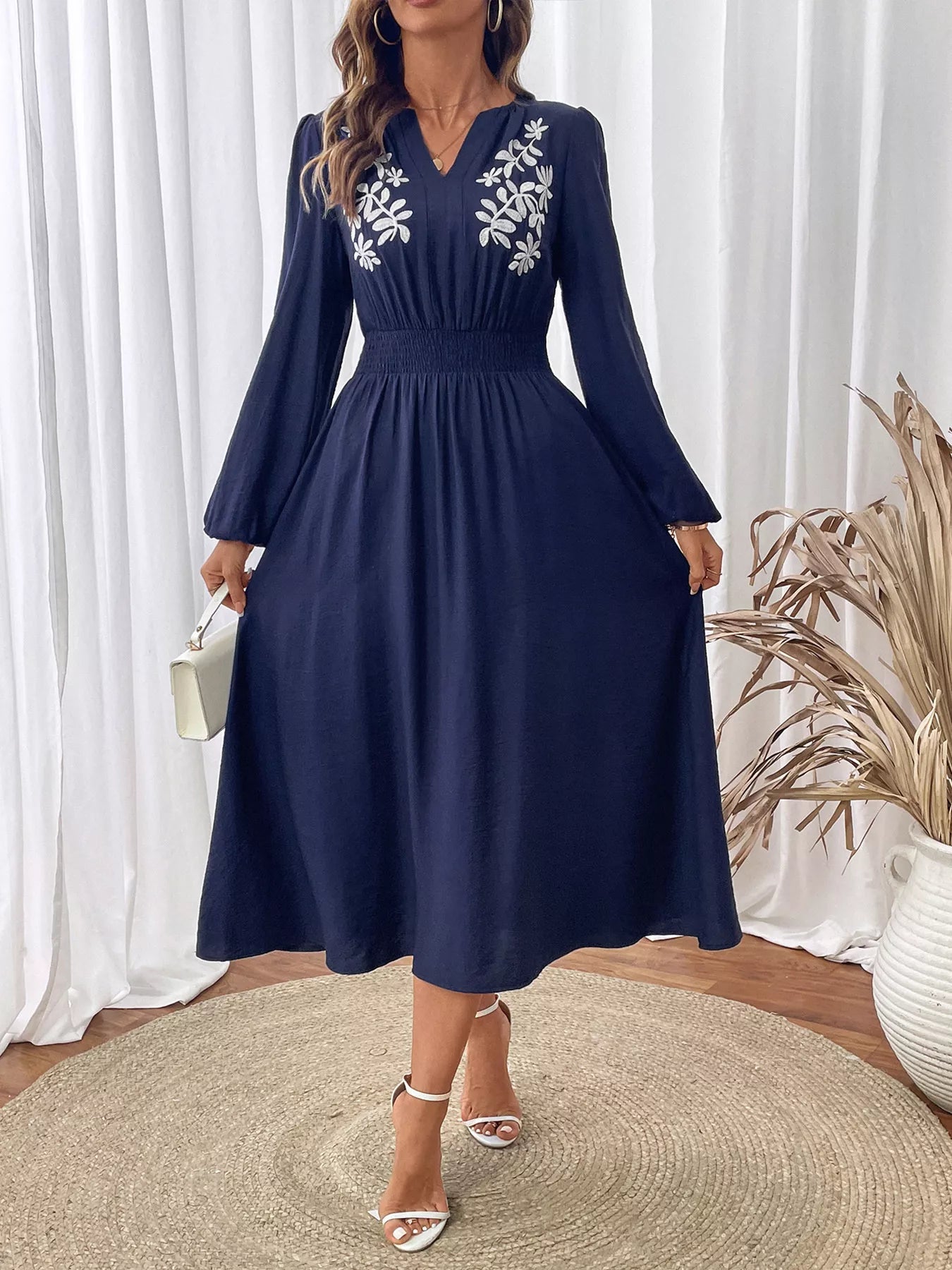 Embroidered Notched Long Sleeve Midi Dress designed for comfort and style at Lookzlike