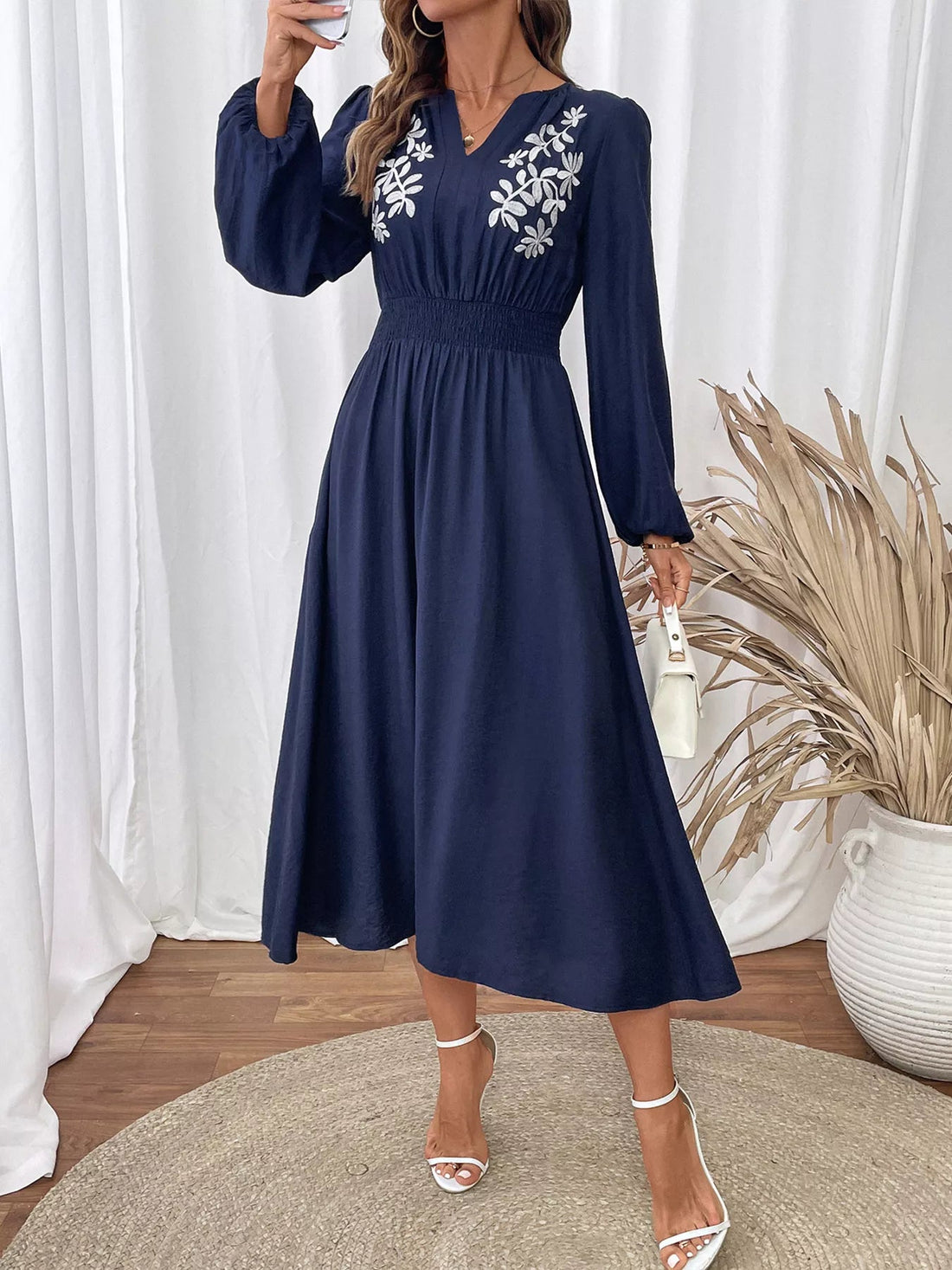 Embroidered Notched Long Sleeve Midi Dress designed for comfort and style at Lookzlike