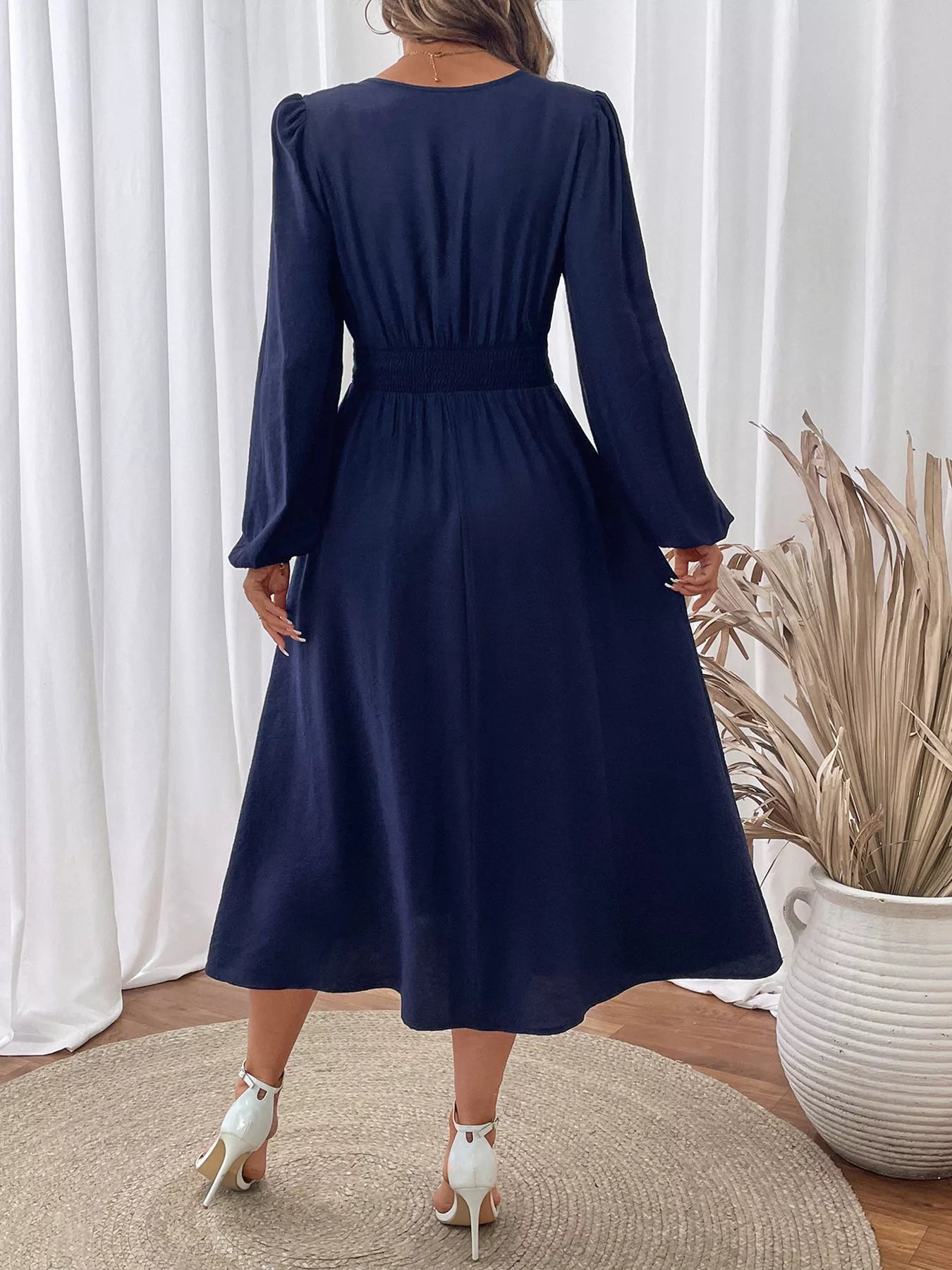 Embroidered Notched Long Sleeve Midi Dress designed for comfort and style at Lookzlike