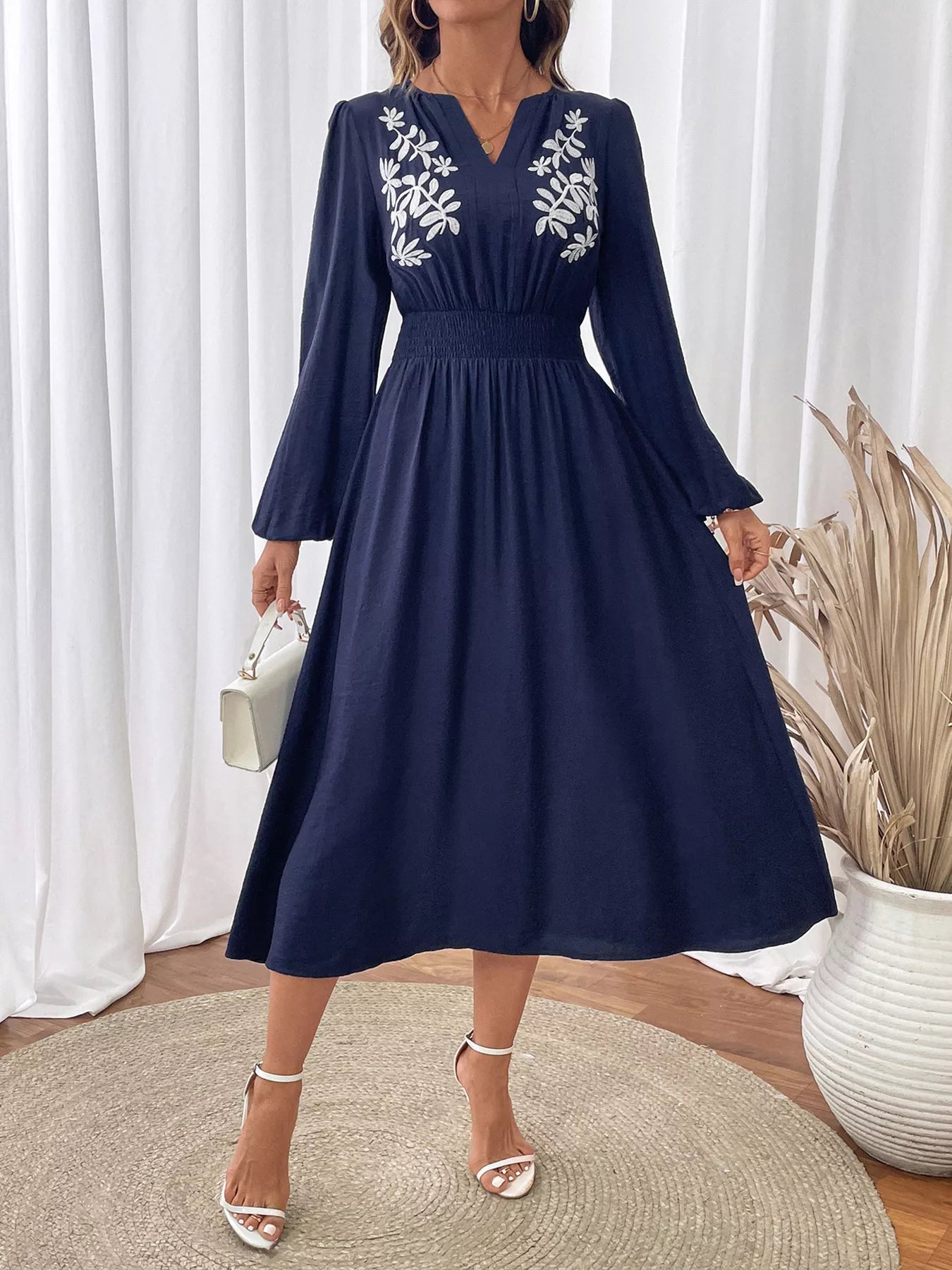 Embroidered Notched Long Sleeve Midi Dress designed for comfort and style at Lookzlike