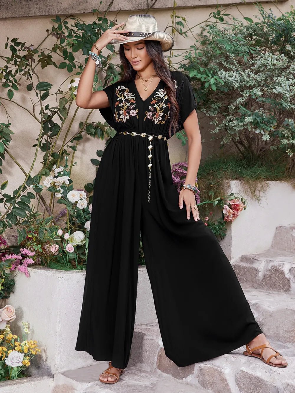 Embroidered Ruched Short Sleeve Jumpsuit - Lookzlike