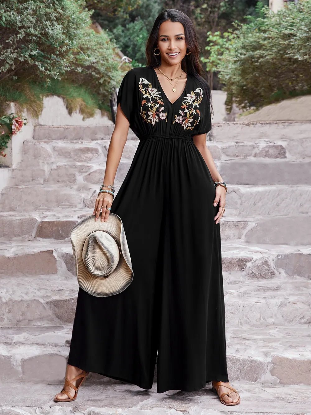 Embroidered Ruched Short Sleeve Jumpsuit - Lookzlike