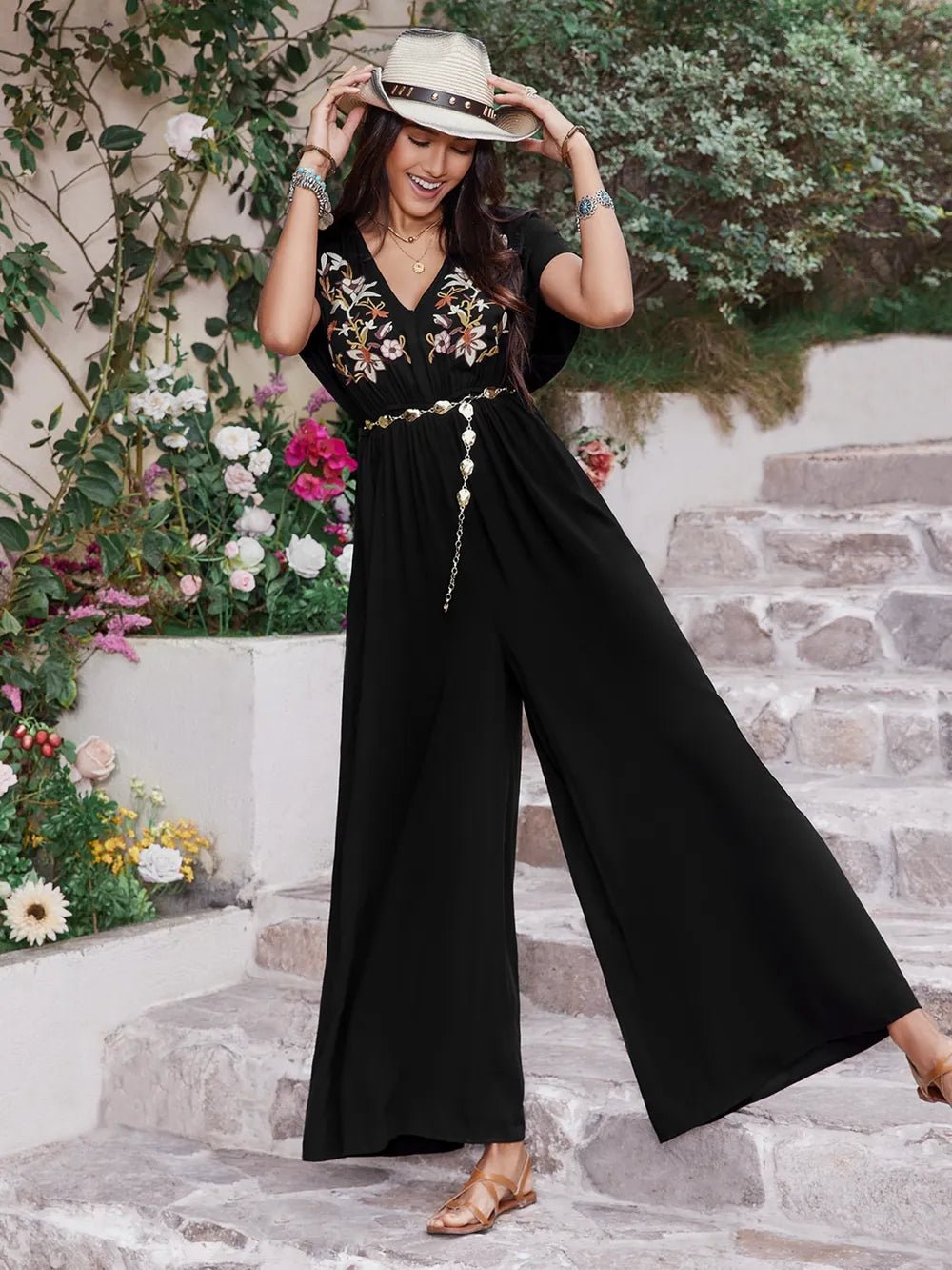 Embroidered Ruched Short Sleeve Jumpsuit - Lookzlike