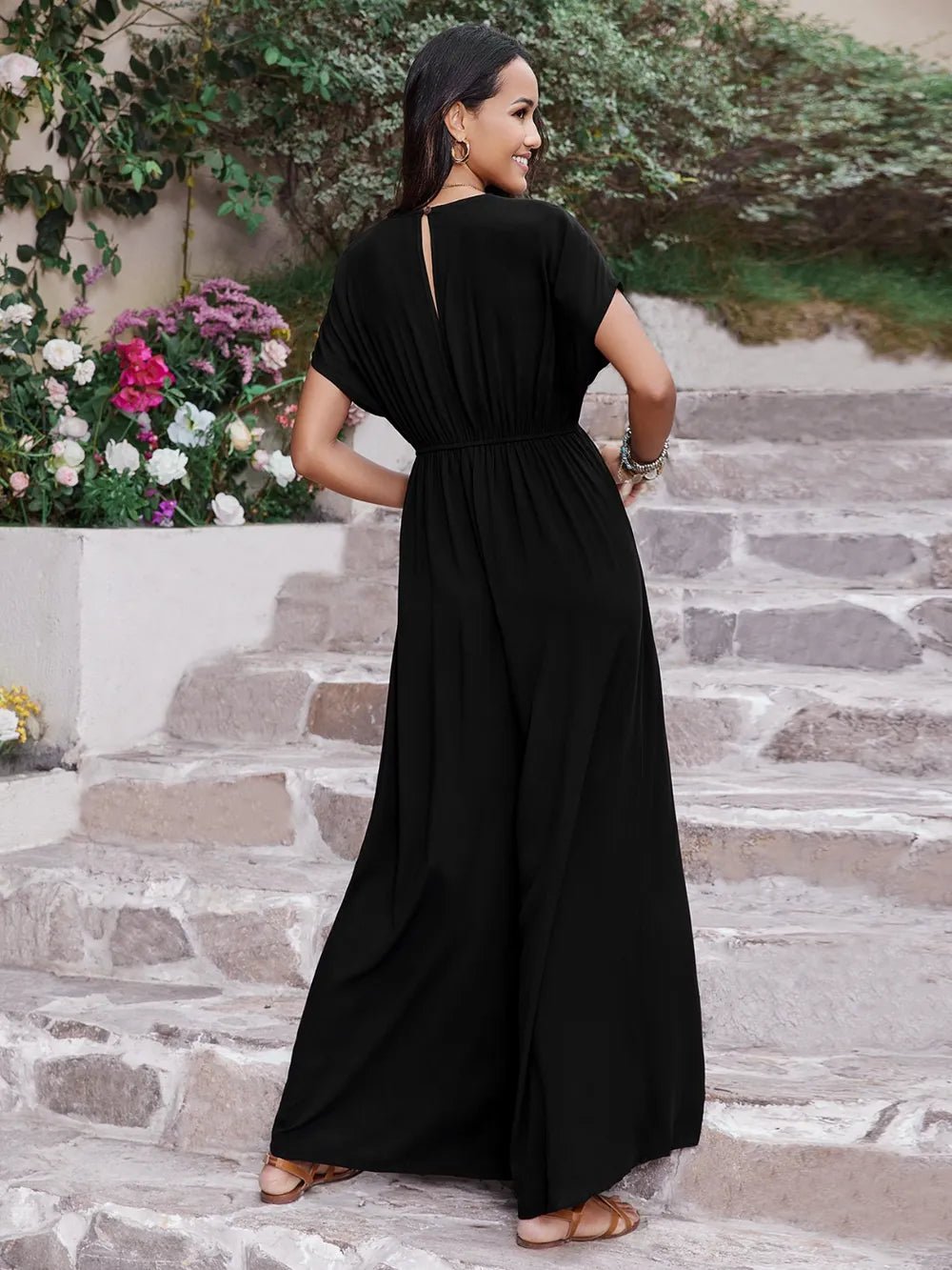 Embroidered Ruched Short Sleeve Jumpsuit - Lookzlike