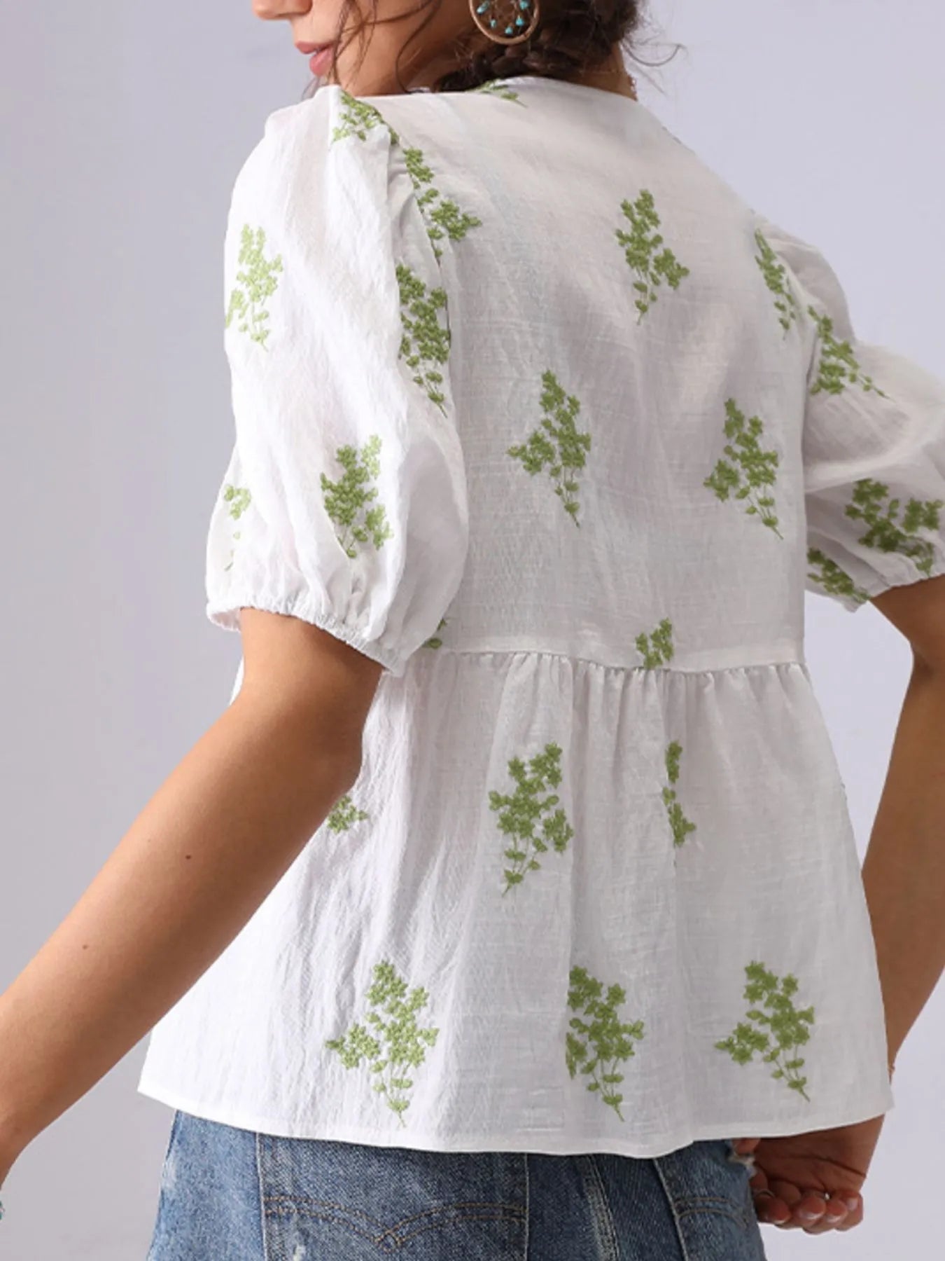 Embroidered V-Neck Puff Sleeve Peplum Blouse - Lookzlike