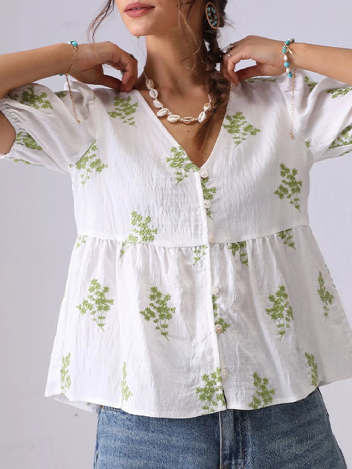 Embroidered V-Neck Puff Sleeve Peplum Blouse - Lookzlike