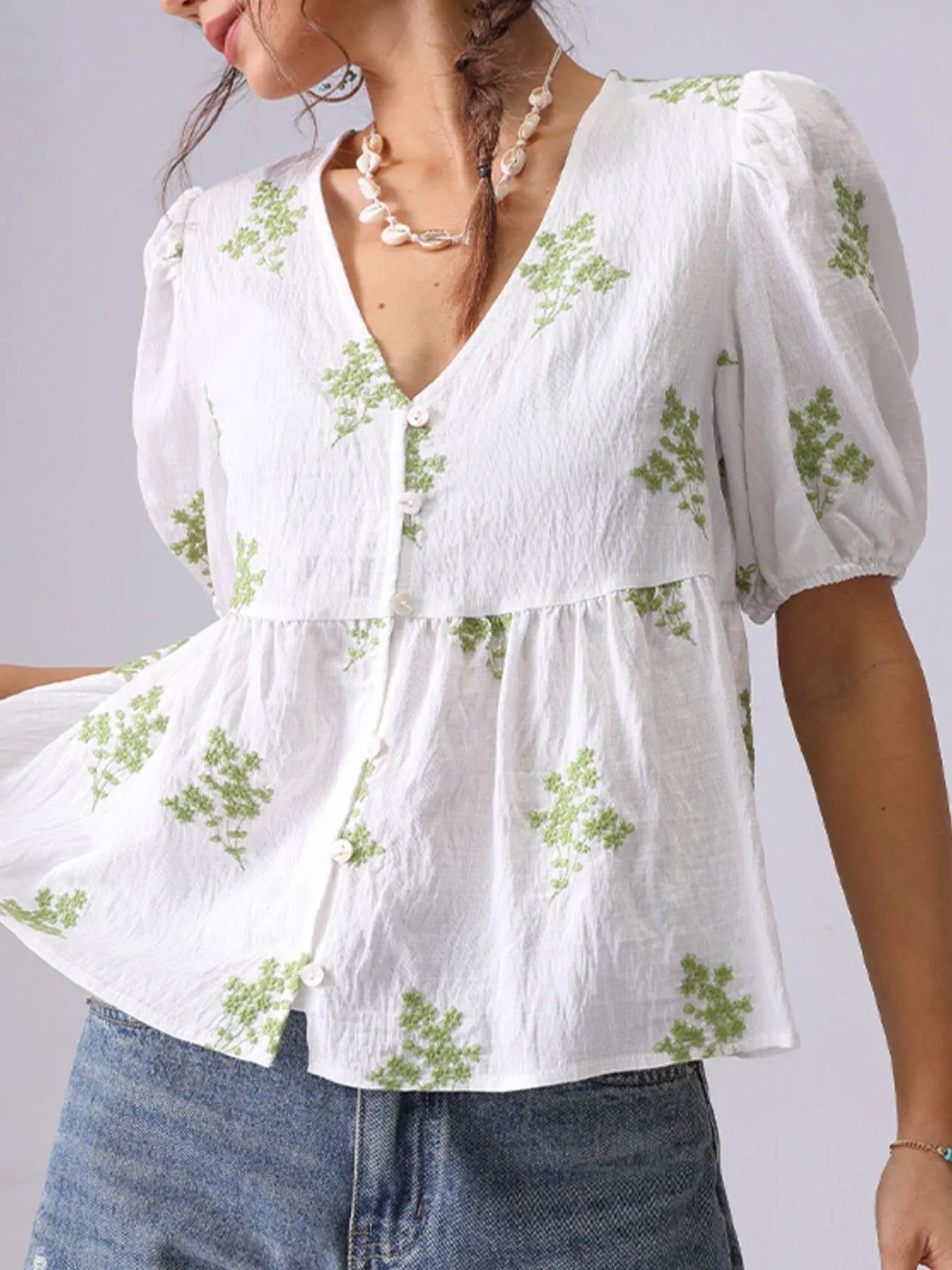 Embroidered V-Neck Puff Sleeve Peplum Blouse - Lookzlike