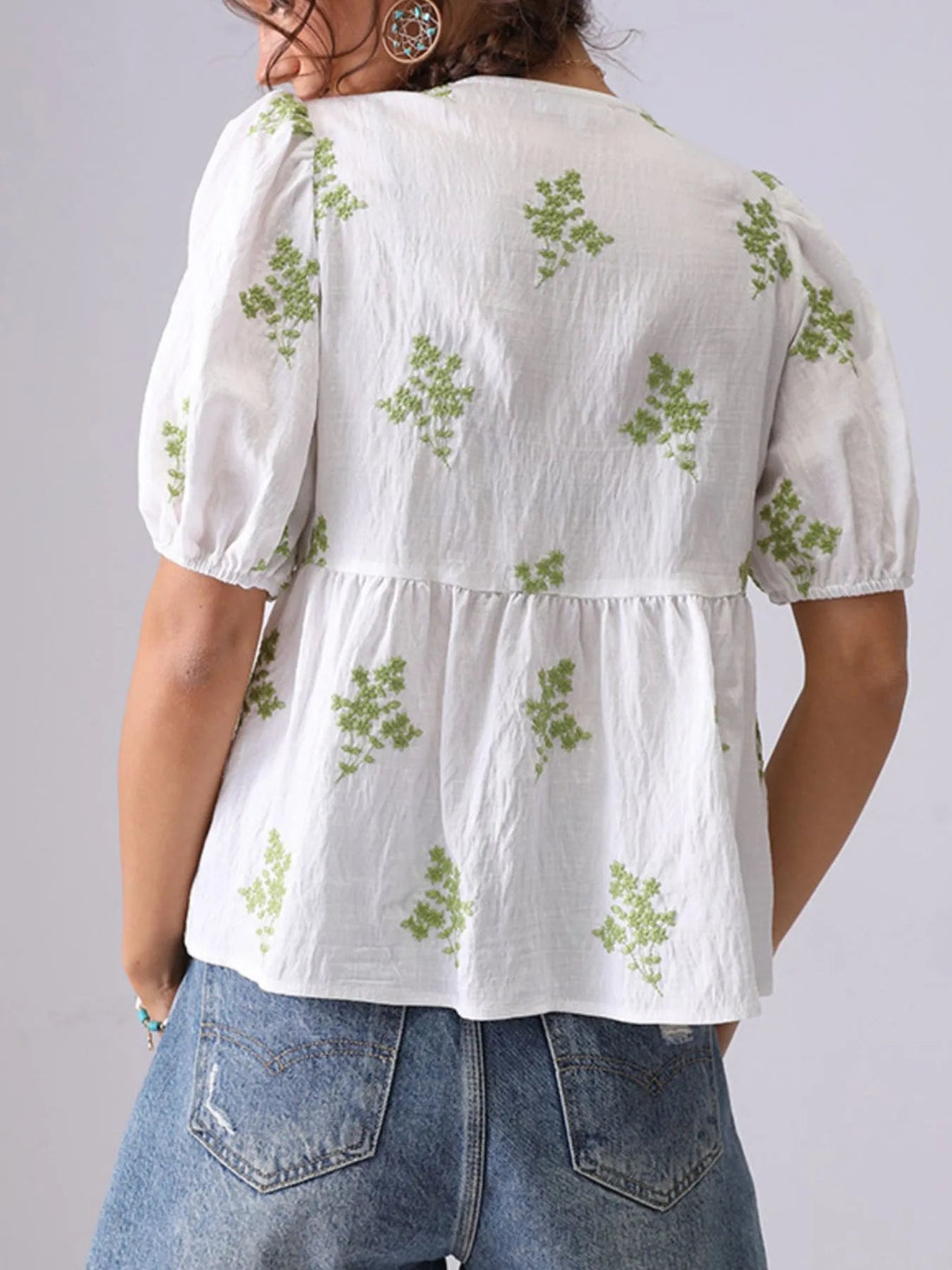 Embroidered V-Neck Puff Sleeve Peplum Blouse - Lookzlike