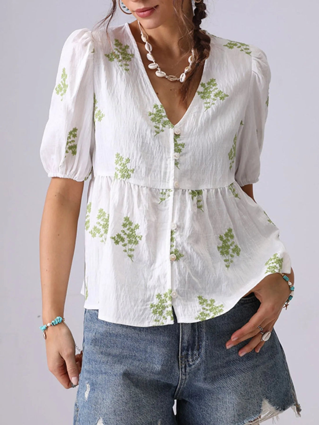 Embroidered V-Neck Puff Sleeve Peplum Blouse - Lookzlike