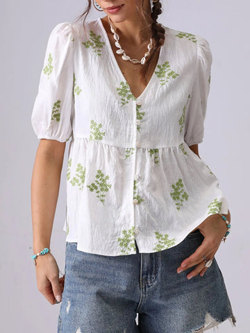 Embroidered V-Neck Puff Sleeve Peplum Blouse - Lookzlike