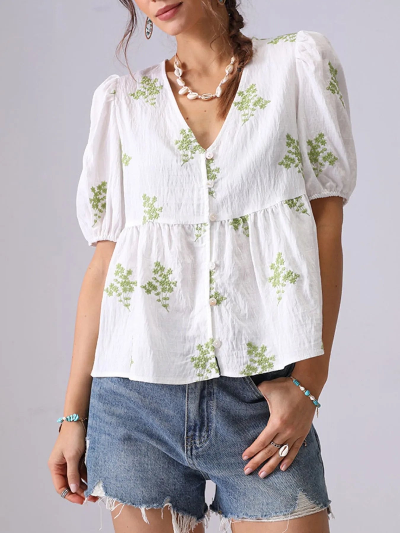 Embroidered V-Neck Puff Sleeve Peplum Blouse - Lookzlike