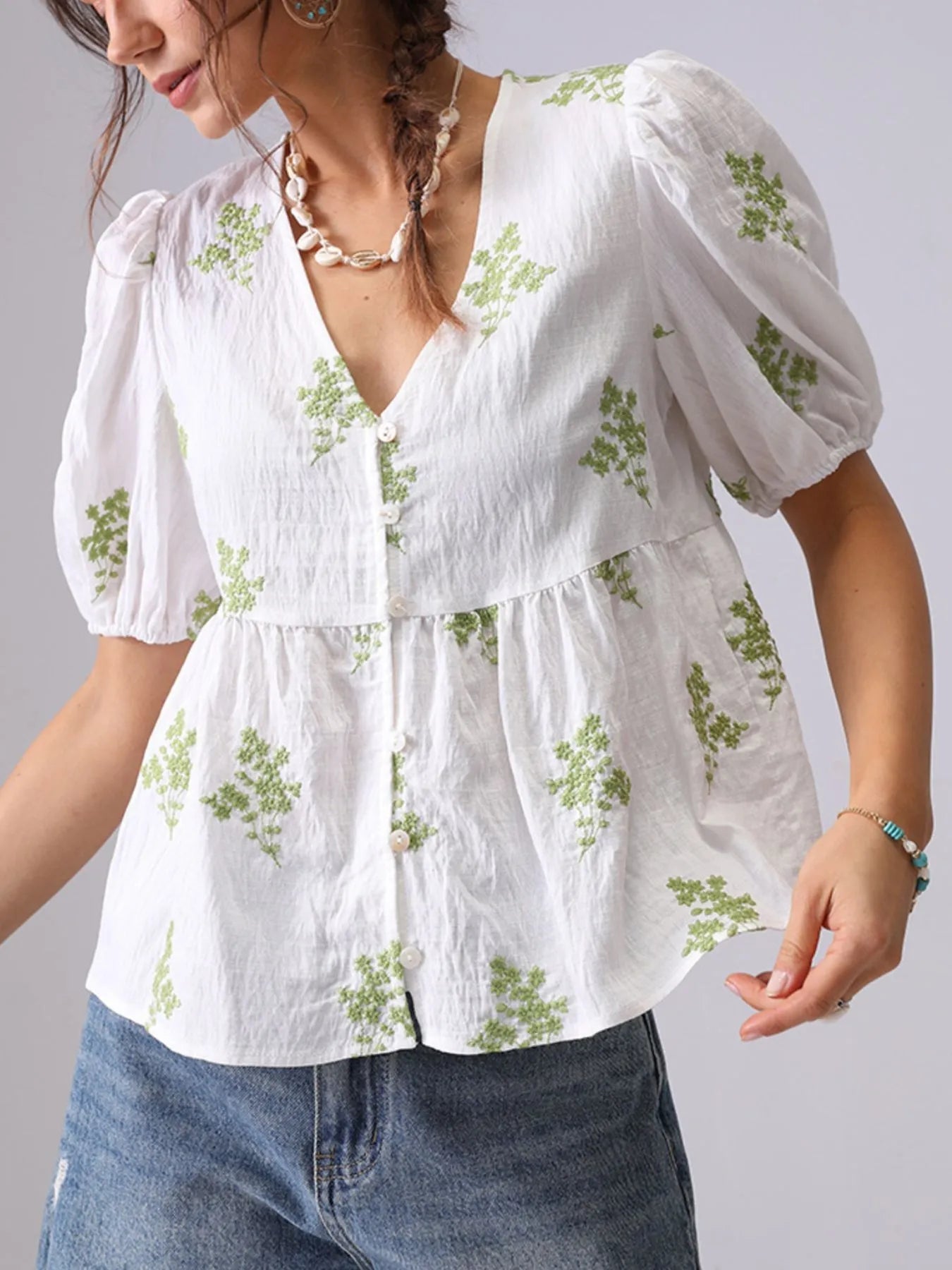 Embroidered V-Neck Puff Sleeve Peplum Blouse - Lookzlike