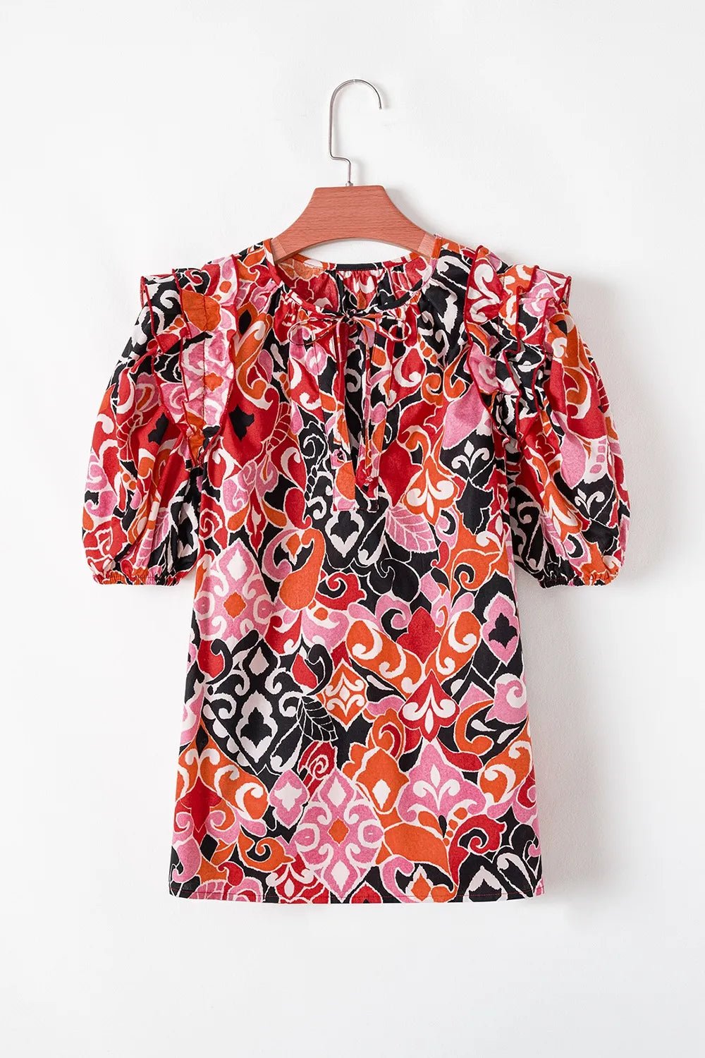 Ethnic Print Split Neck Short Puff Sleeve Blouse - Lookzlike