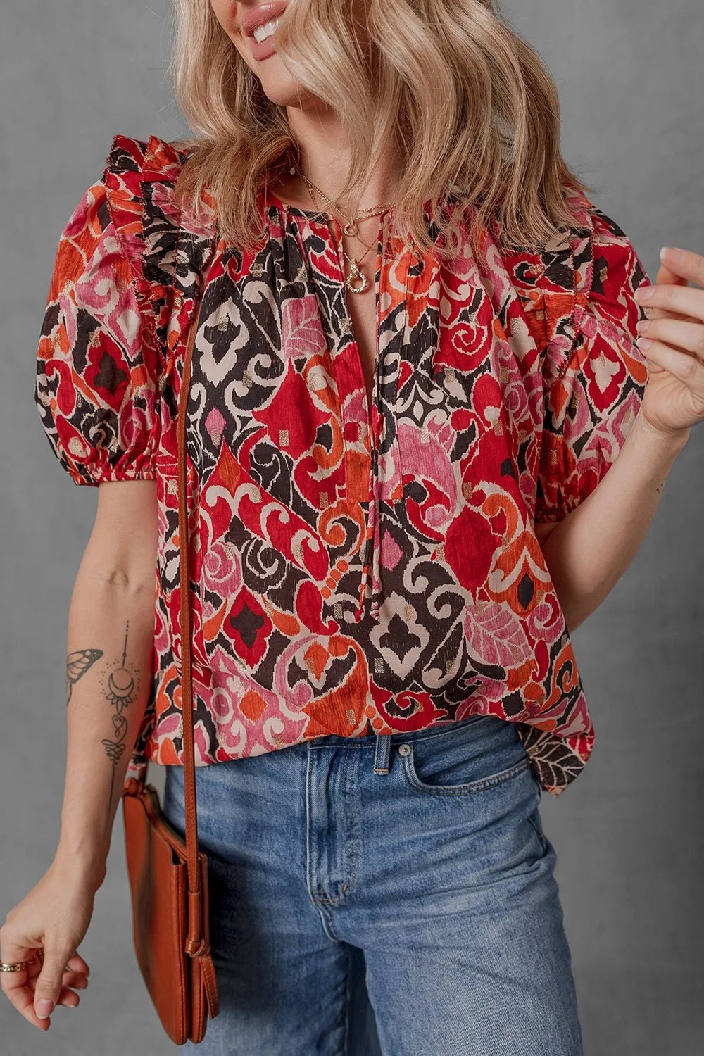 Ethnic Print Split Neck Short Puff Sleeve Blouse - Lookzlike