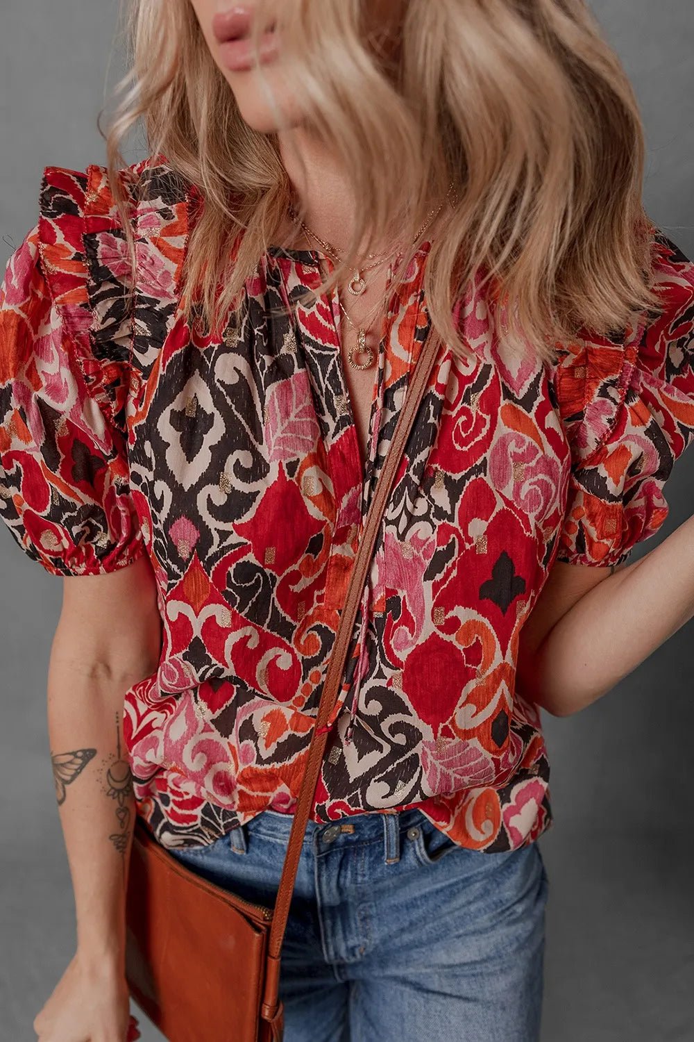 Ethnic Print Split Neck Short Puff Sleeve Blouse - Lookzlike