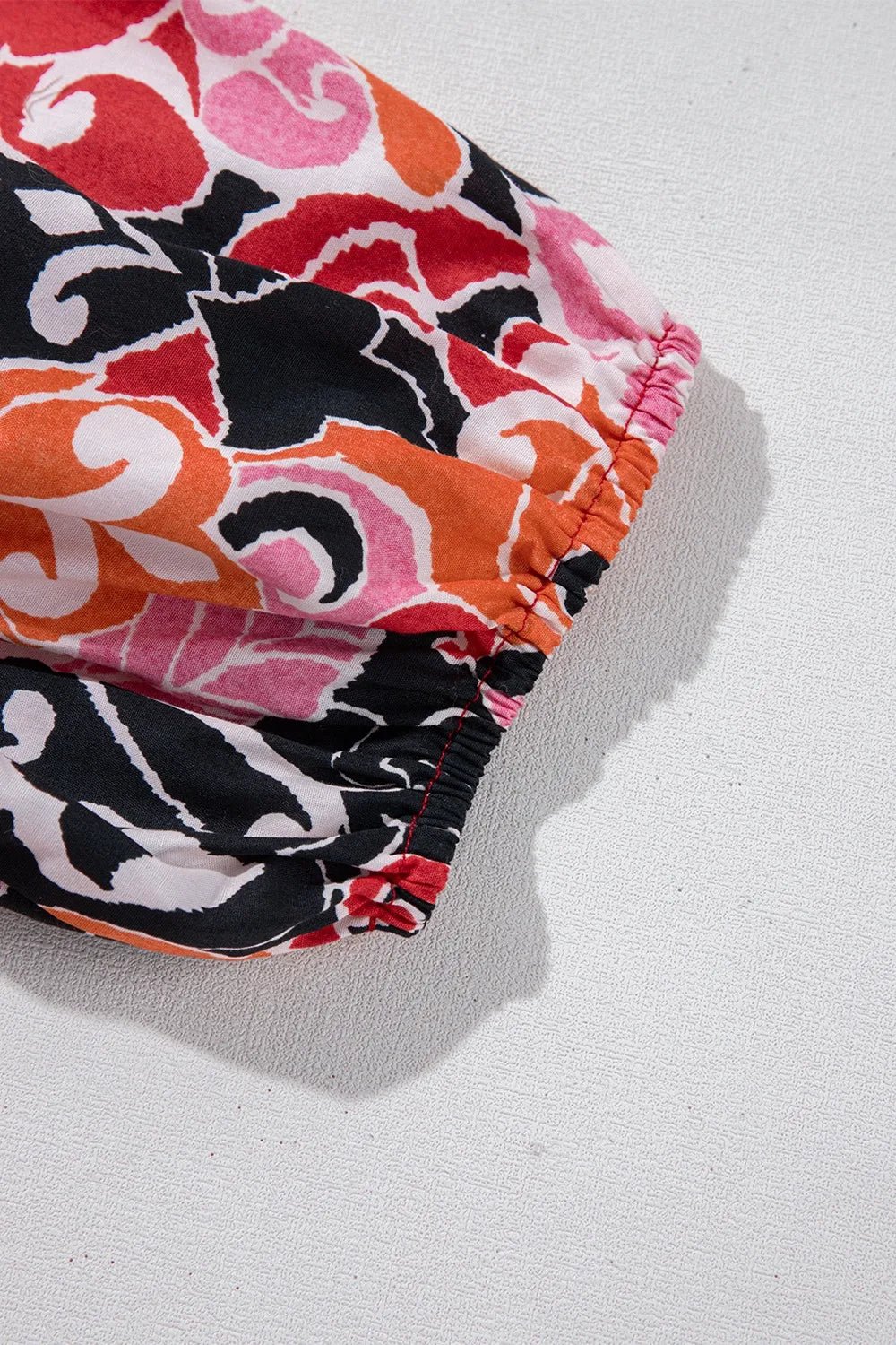Ethnic Print Split Neck Short Puff Sleeve Blouse - Lookzlike