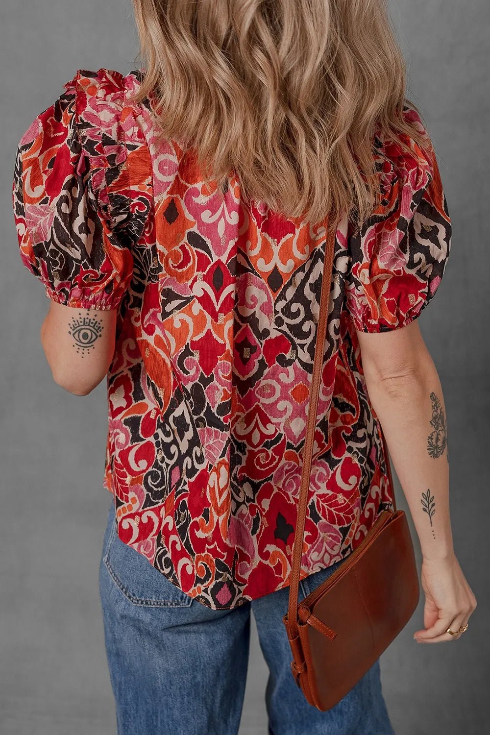 Ethnic Print Split Neck Short Puff Sleeve Blouse - Lookzlike