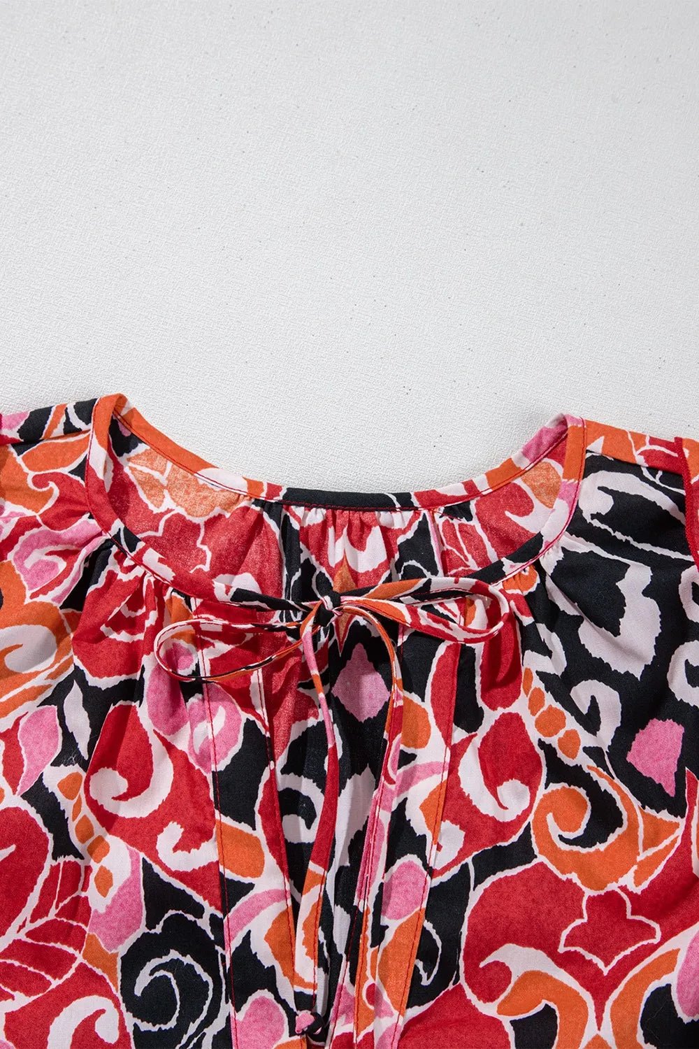 Ethnic Print Split Neck Short Puff Sleeve Blouse - Lookzlike