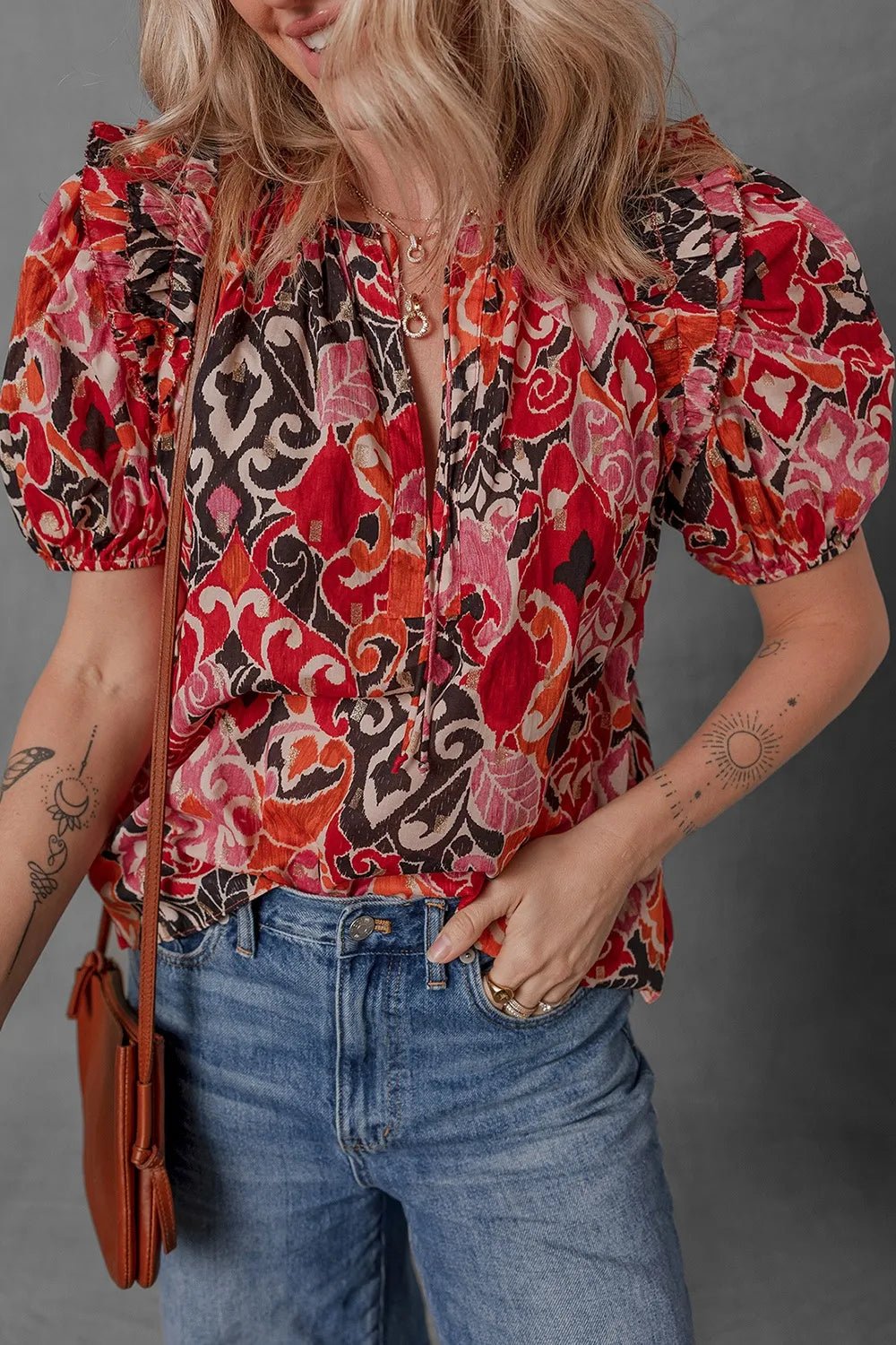 Ethnic Print Split Neck Short Puff Sleeve Blouse - Lookzlike