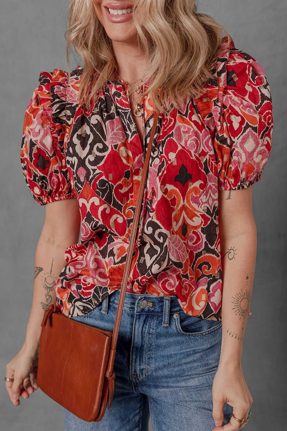 Ethnic Print Split Neck Short Puff Sleeve Blouse - Lookzlike